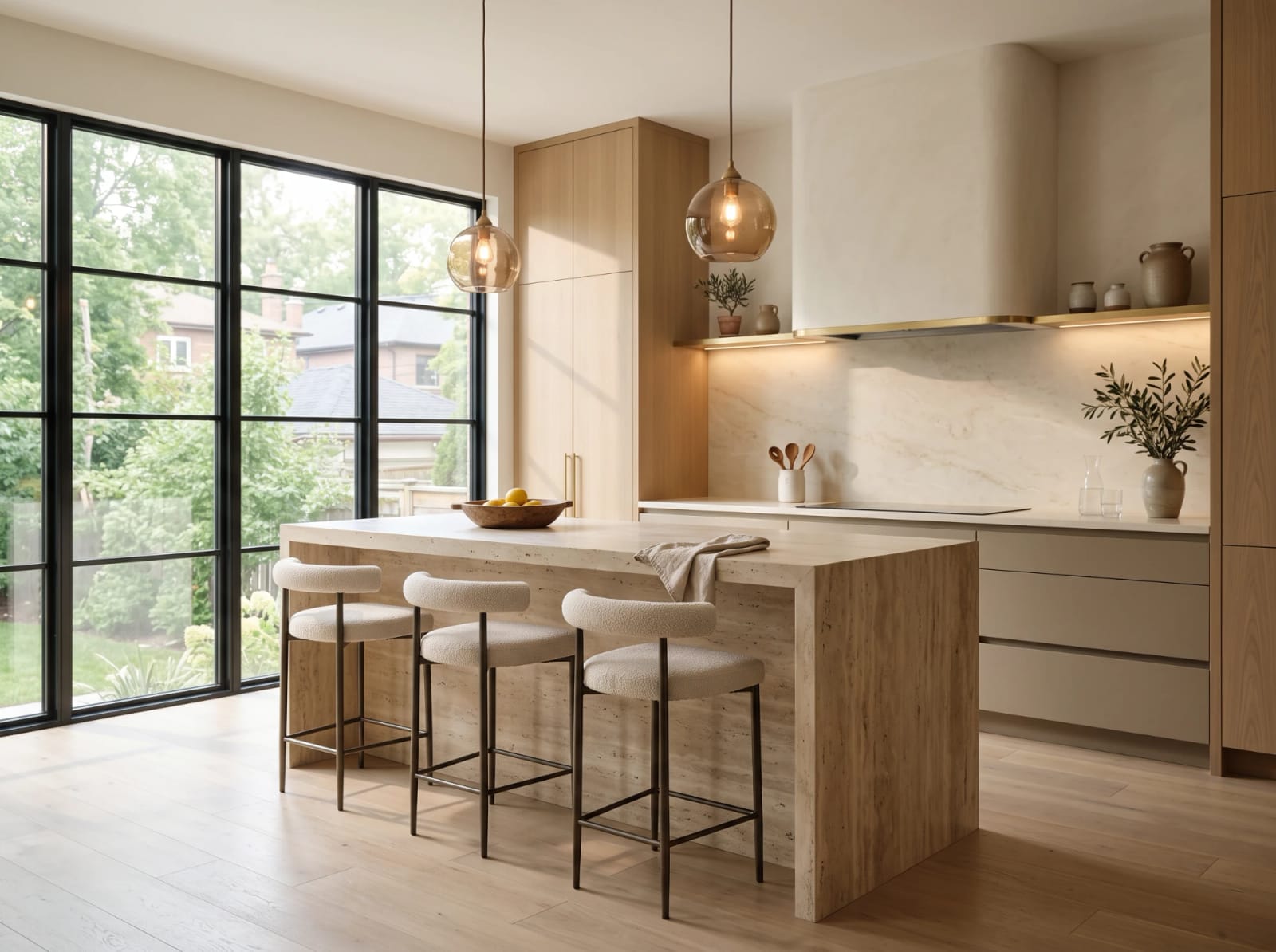 A bright kitchen with pale oak cabinetry, a travertine waterfall island with three bouclé counter stools under amber glass pendants, a curved plaster hood, and floor-to-ceiling black-framed windows onto a garden.