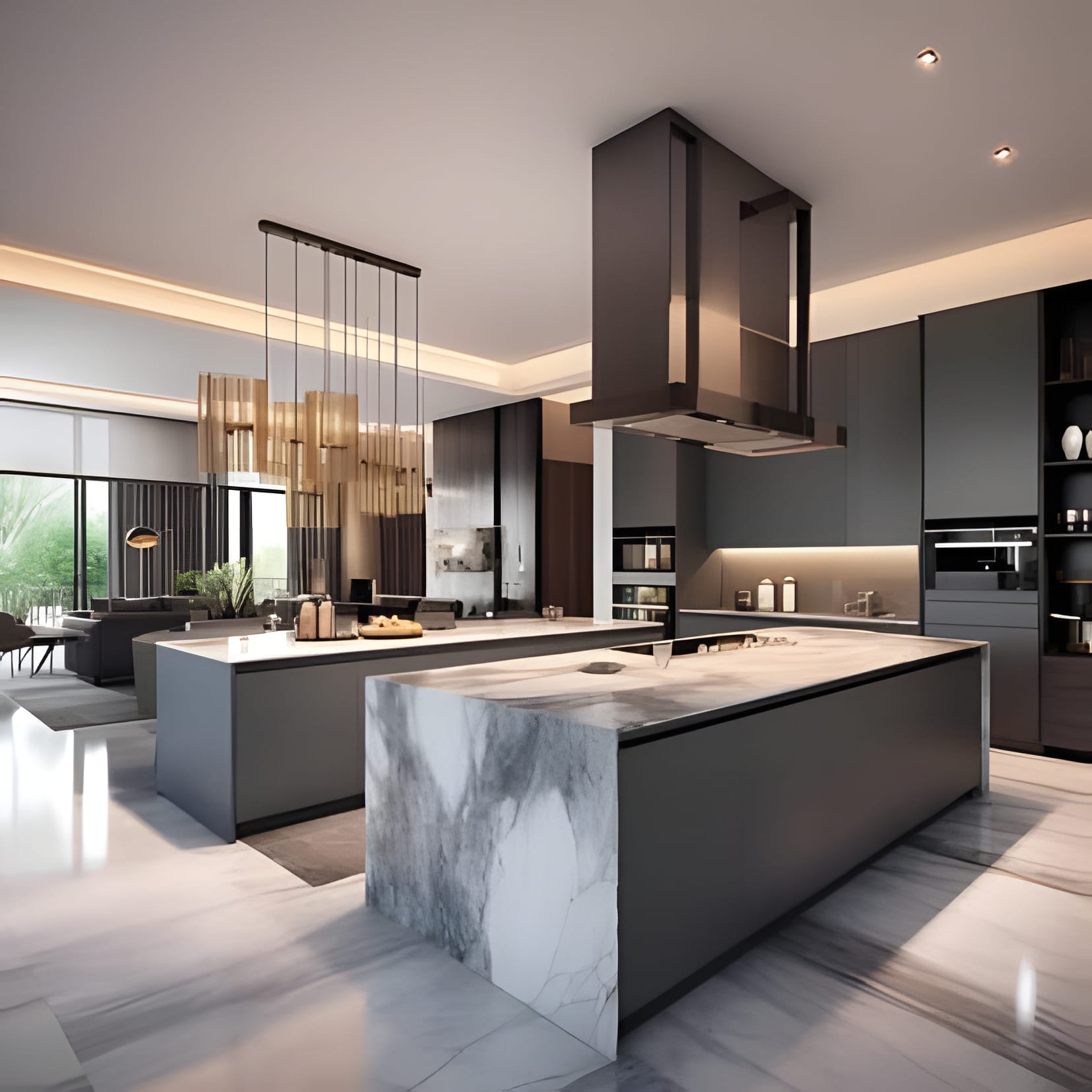 A dramatic dark kitchen where a veined marble island cascades to the floor beneath a cluster of gold pendants.