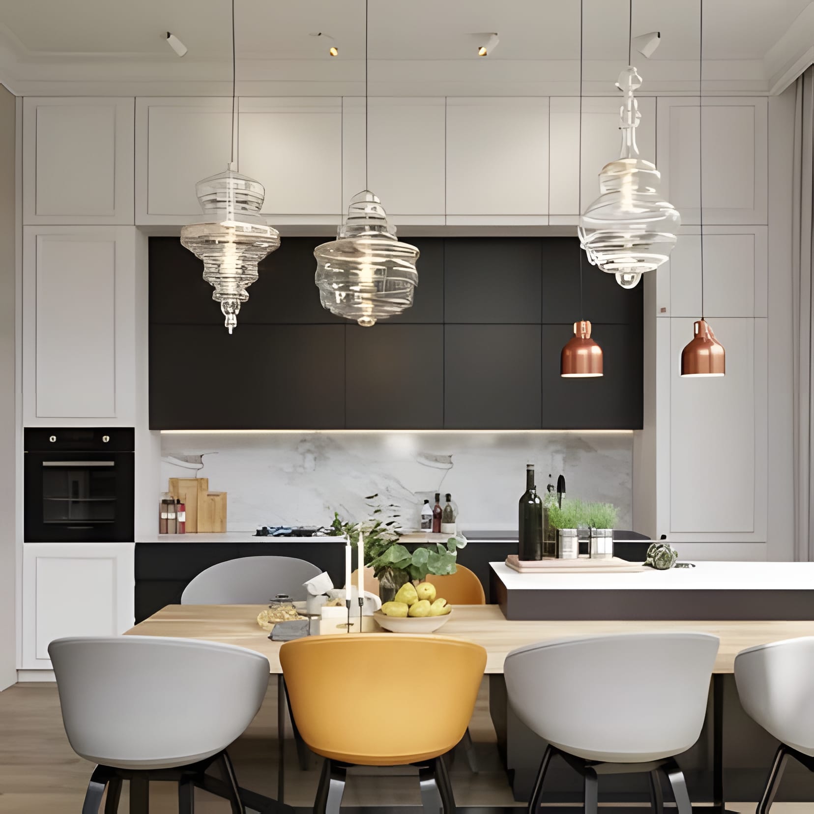 Black uppers floating over a white kitchen, with blown-glass lantern pendants and one mustard chair at the table.