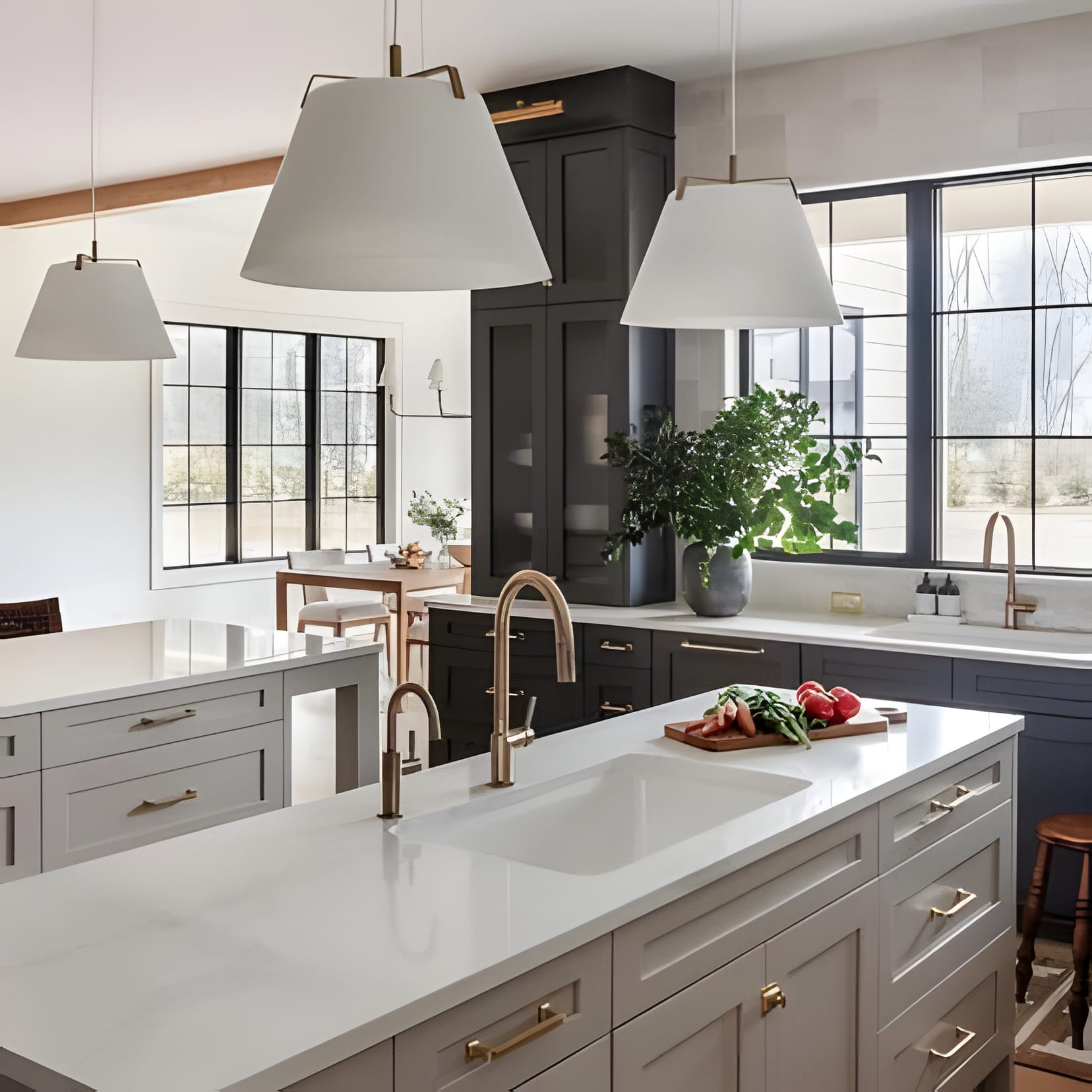 A grey-blue shaker kitchen with a white island, cone pendants, and steel-framed windows full of garden.