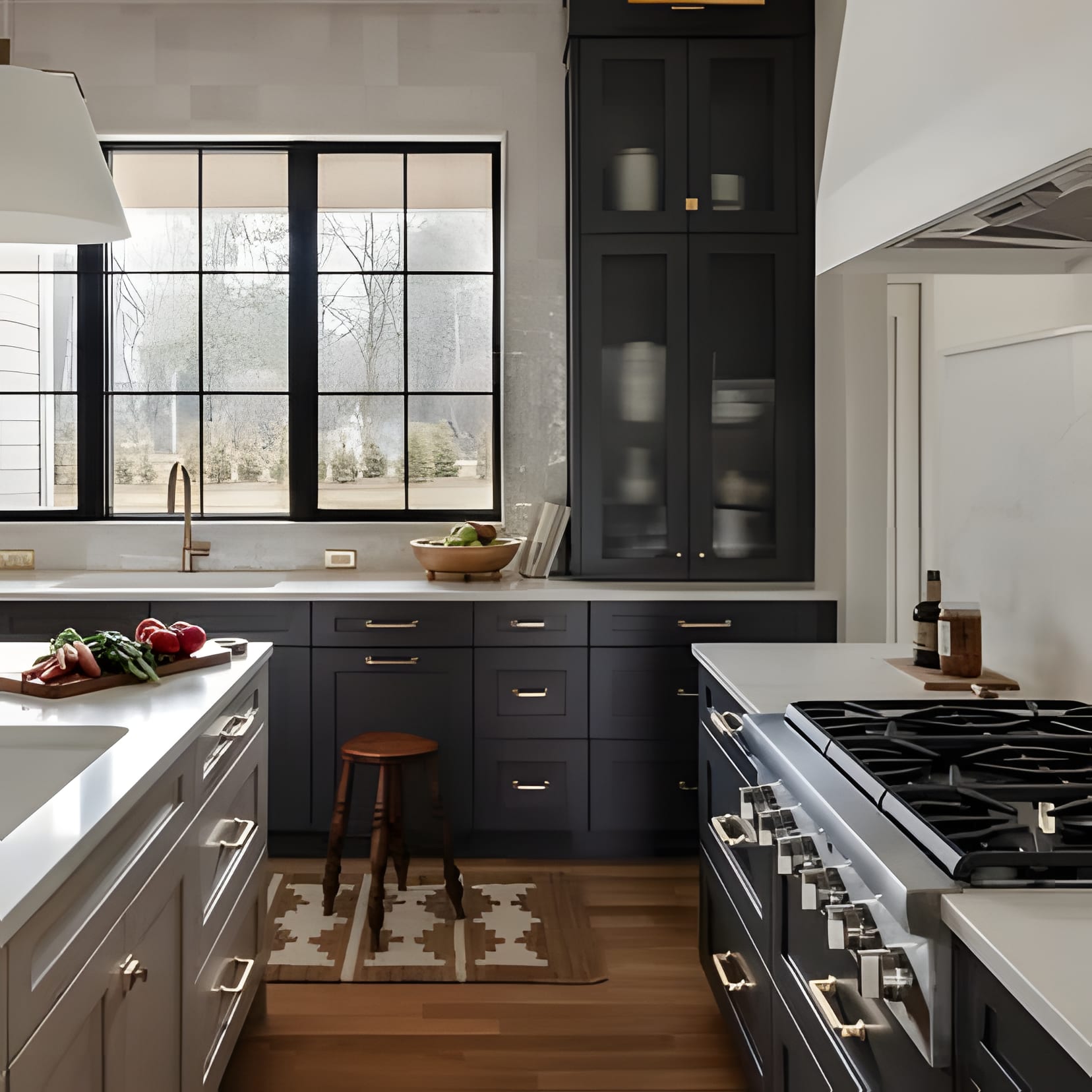 Navy shaker cabinetry and a professional range in a bright country kitchen, windows open to the trees.