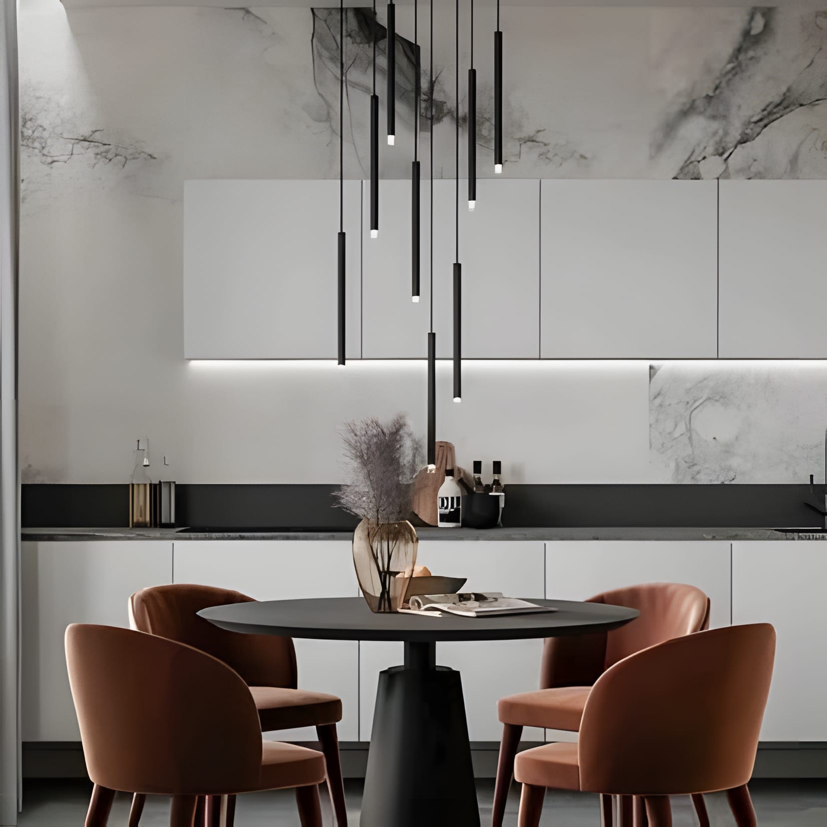 A book-matched marble wall behind white cabinetry, with a round black table and rust-velvet dining chairs.