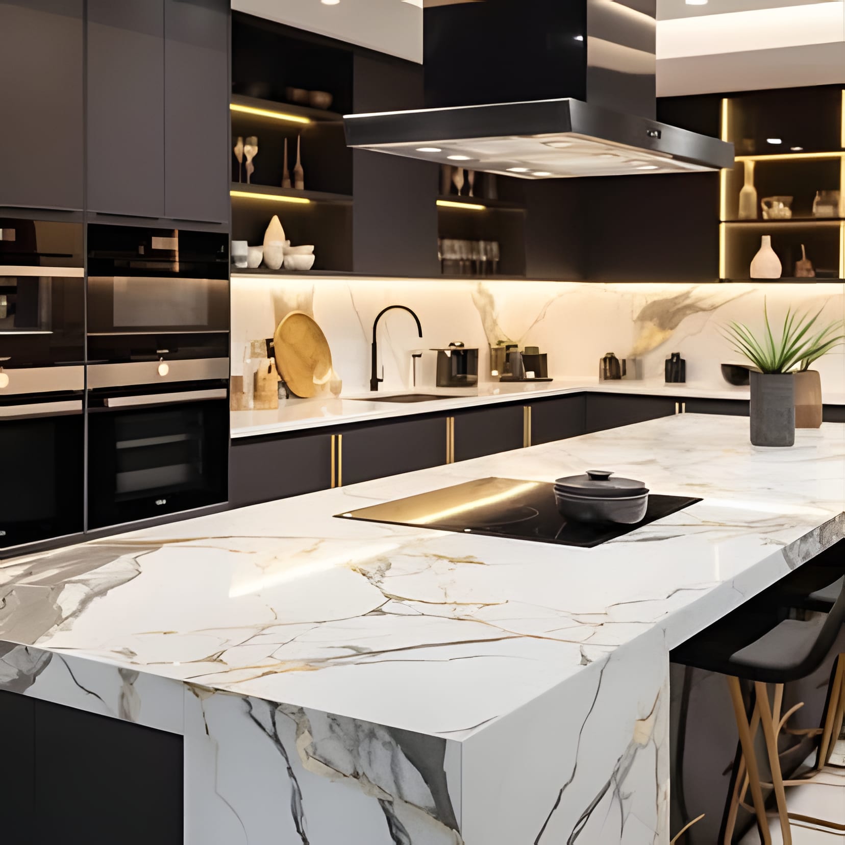 Black cabinetry with brass details around a Calacatta-style waterfall island, gold veining catching the light.
