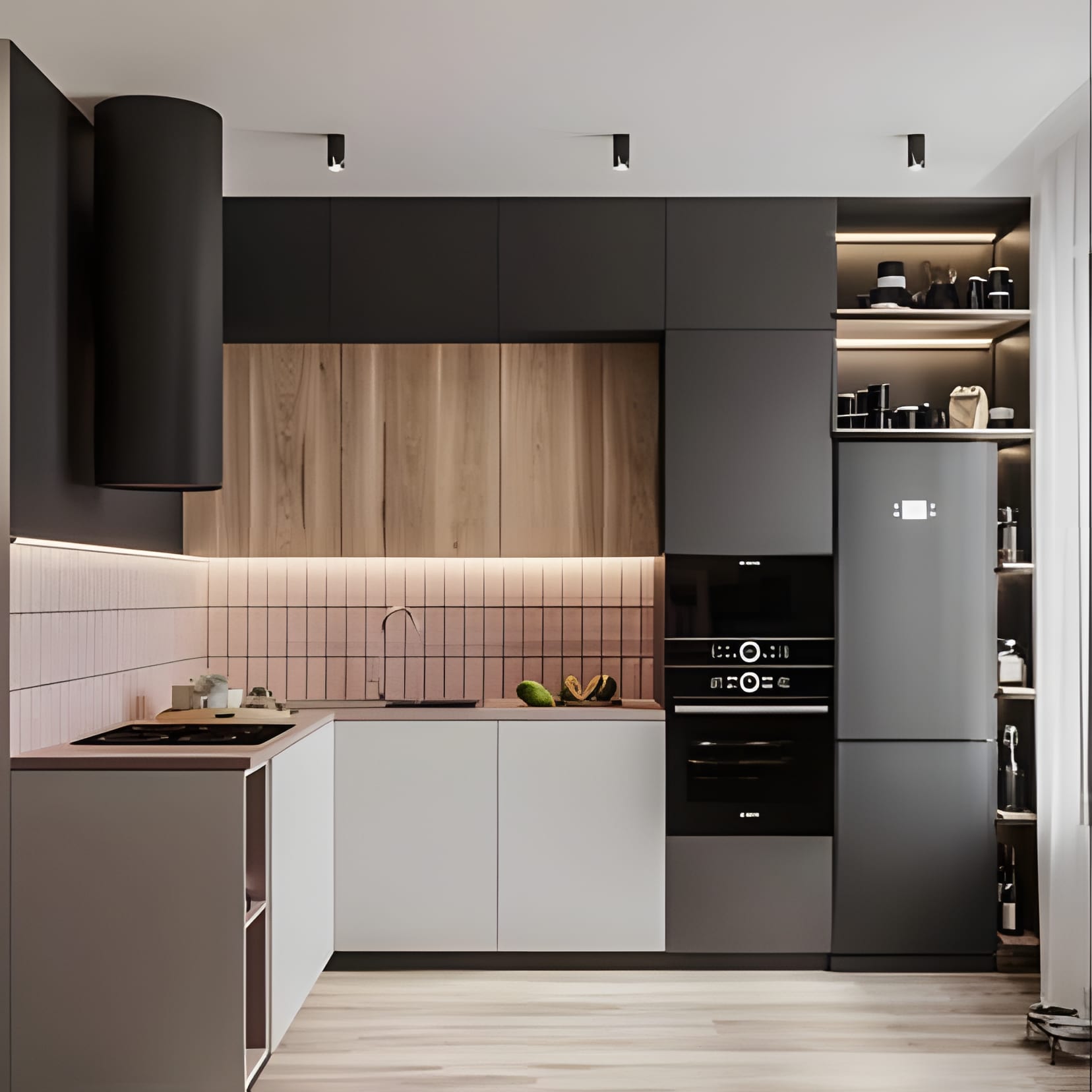 A black column hood and dark cabinetry softened by a blush tile backsplash and warm wood panelling.
