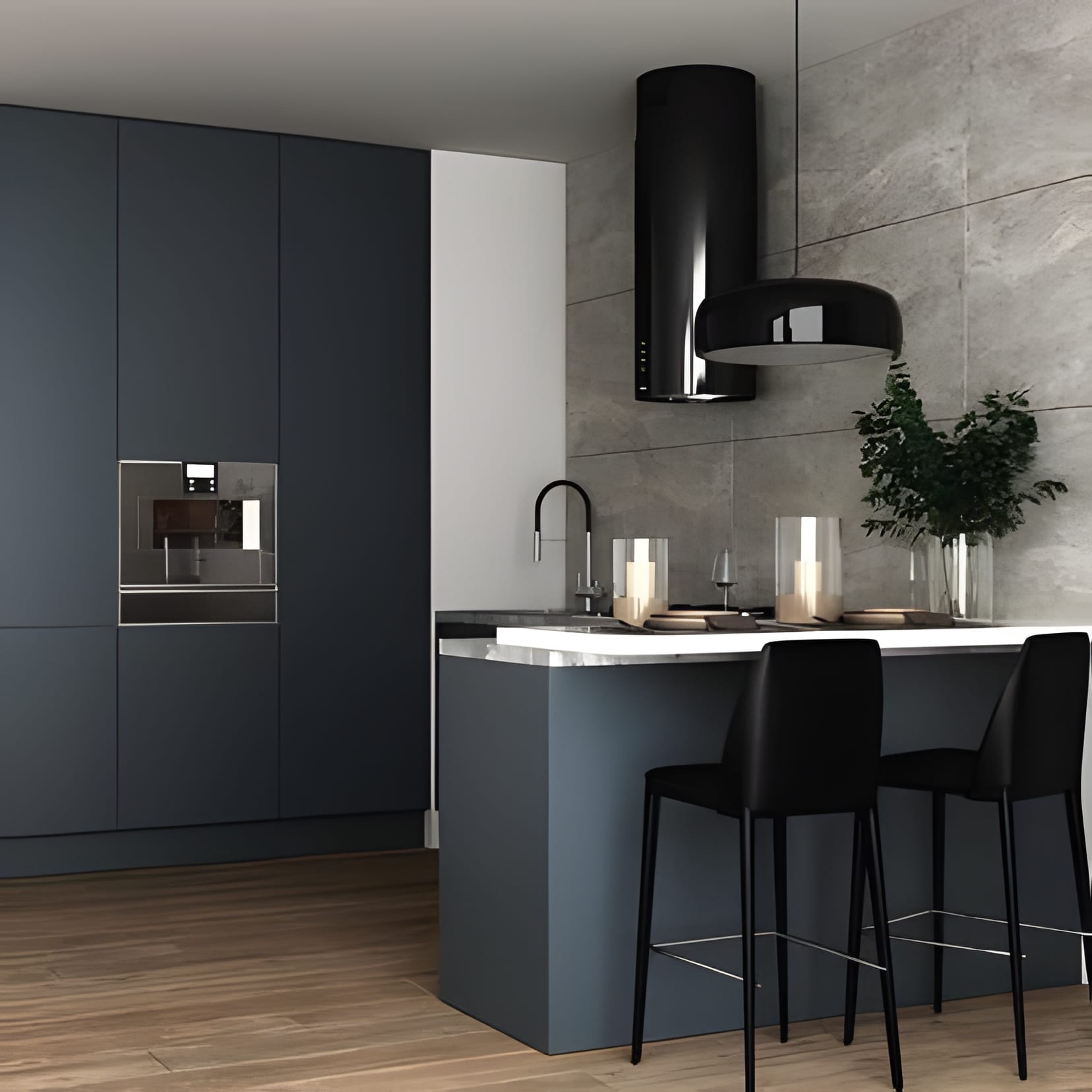 An ink-blue island with a white marble top and black stools, set against a raw concrete-look wall.