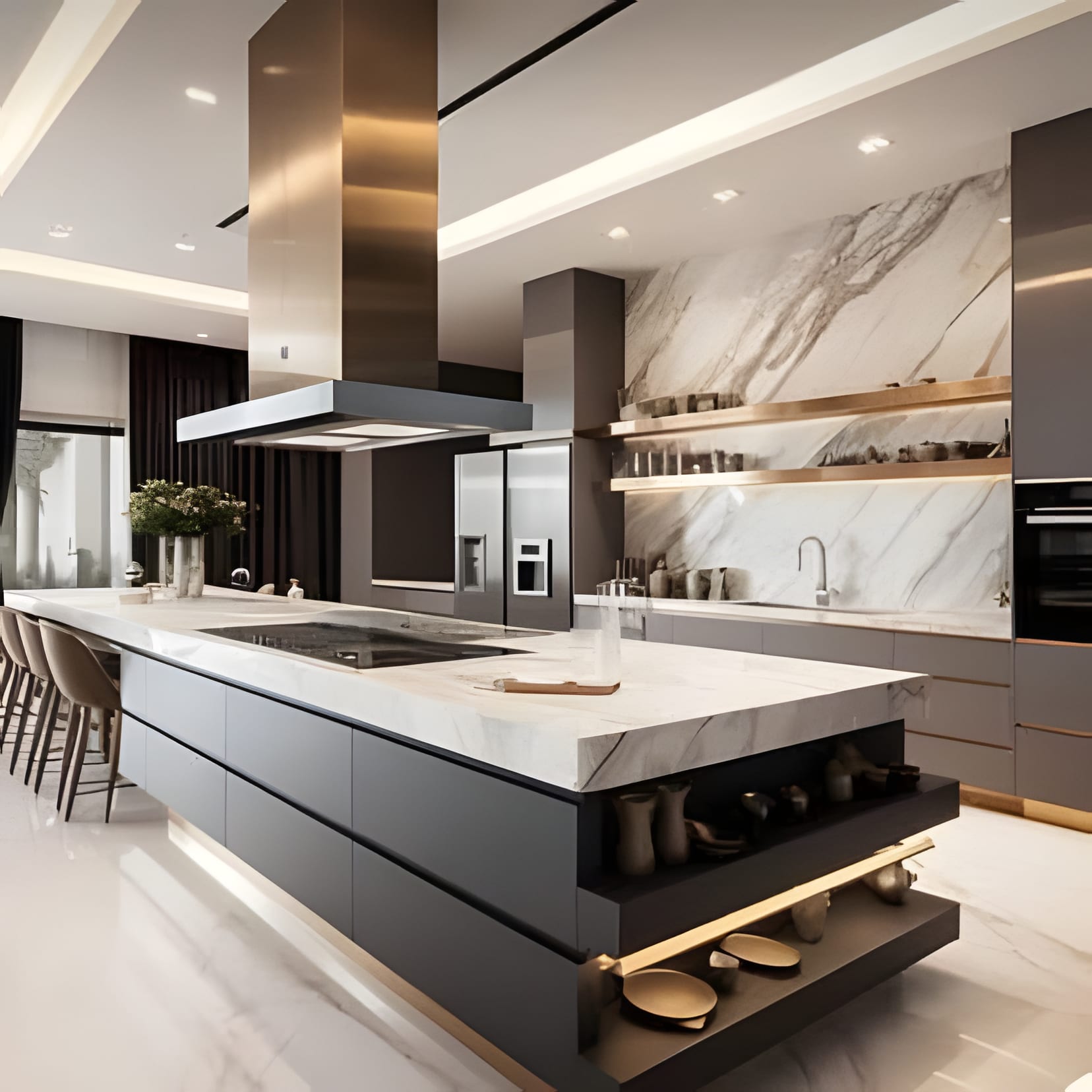 A grand island under its own canopy hood, marble waterfall sides, and warm open shelving behind.