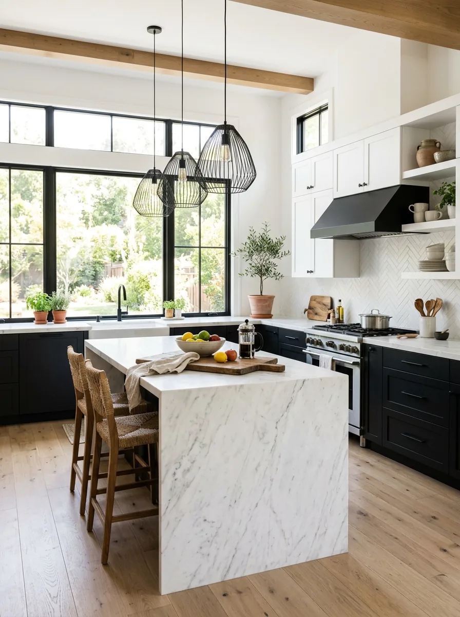 Black cabinetry and bright white uppers frame a marble waterfall island beneath sculptural wire pendants and timber beams.