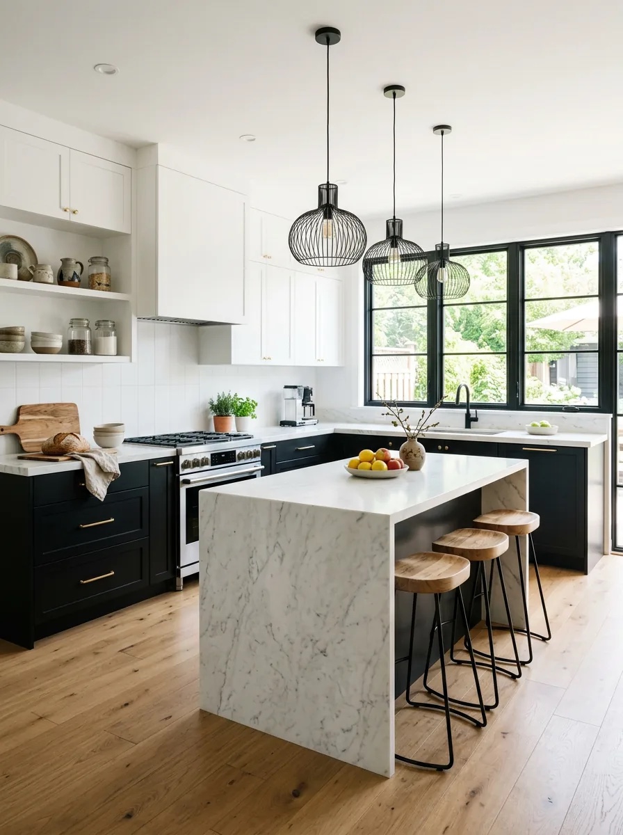 Black lower cabinets and white uppers wrap a marble waterfall island, with wood stools and three wire pendants by a garden window.