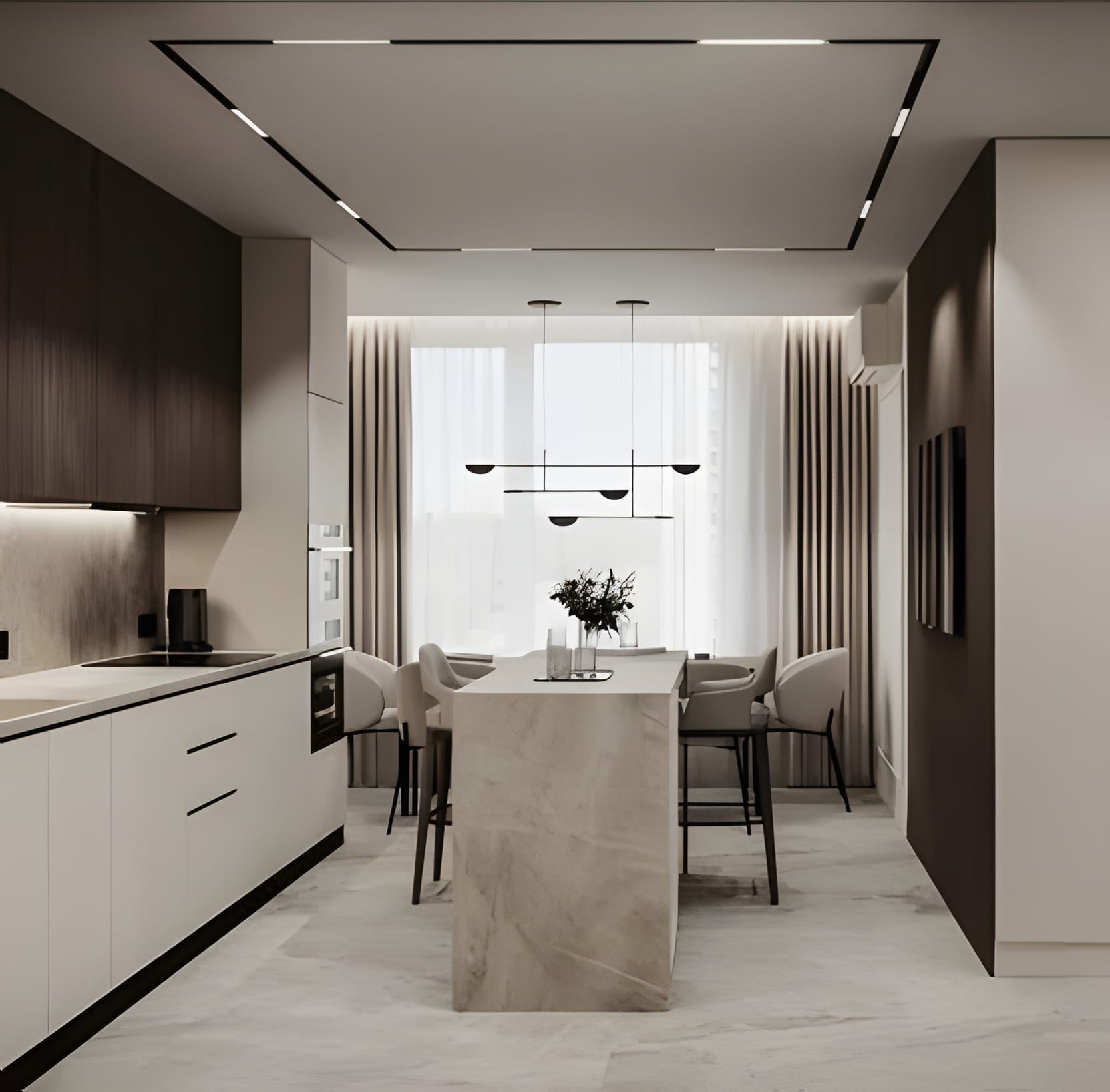 Cream and walnut cabinetry with a stone island, a dining nook, and one dark accent wall to hold the evening.