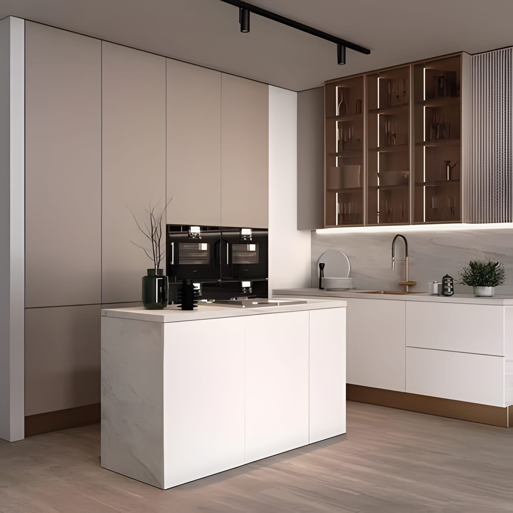 A white minimal kitchen with a wood-framed glass cabinet and a compact island, hung like a gallery.