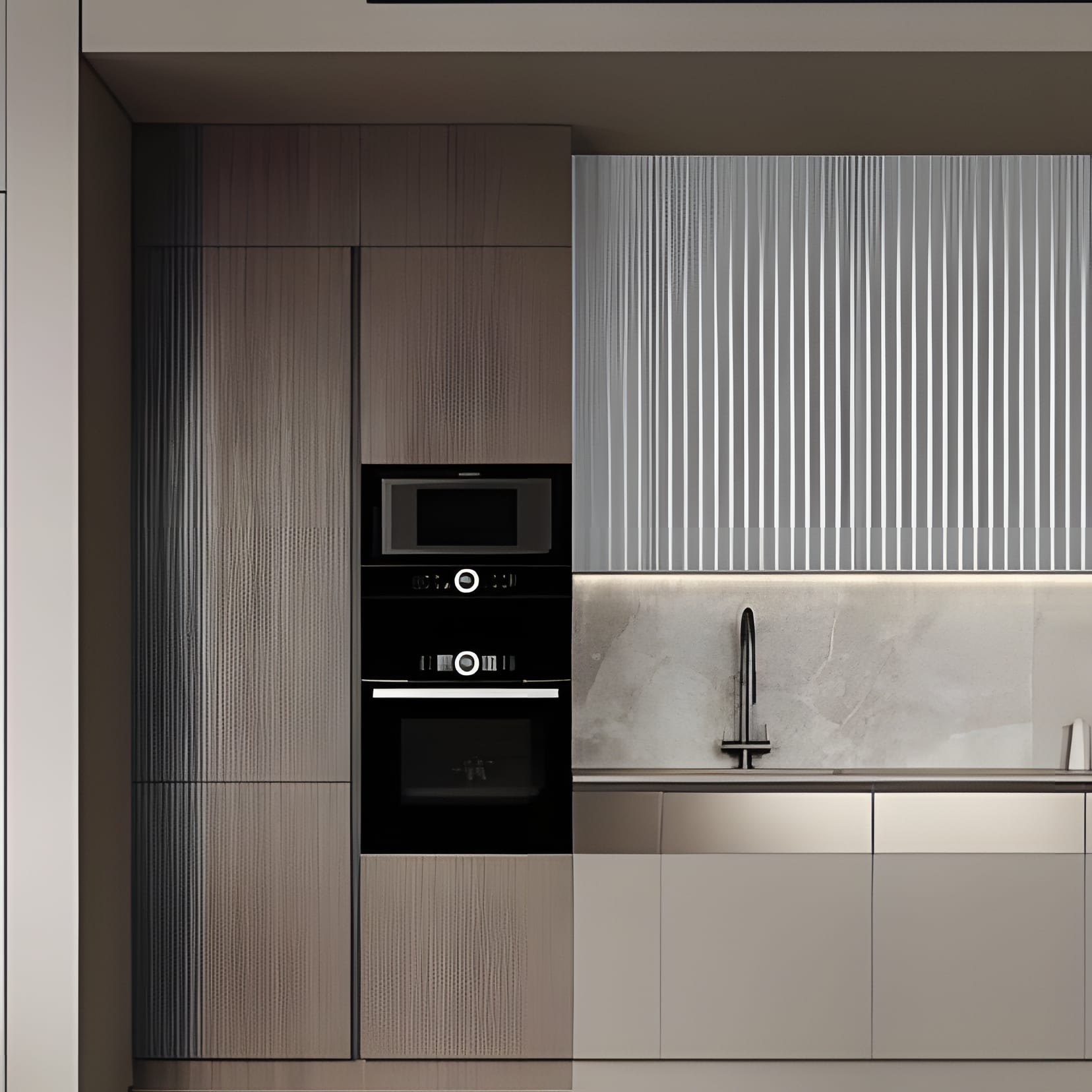 Walnut tall units with fluted glass and a steel-look counter — part kitchen, part workshop.