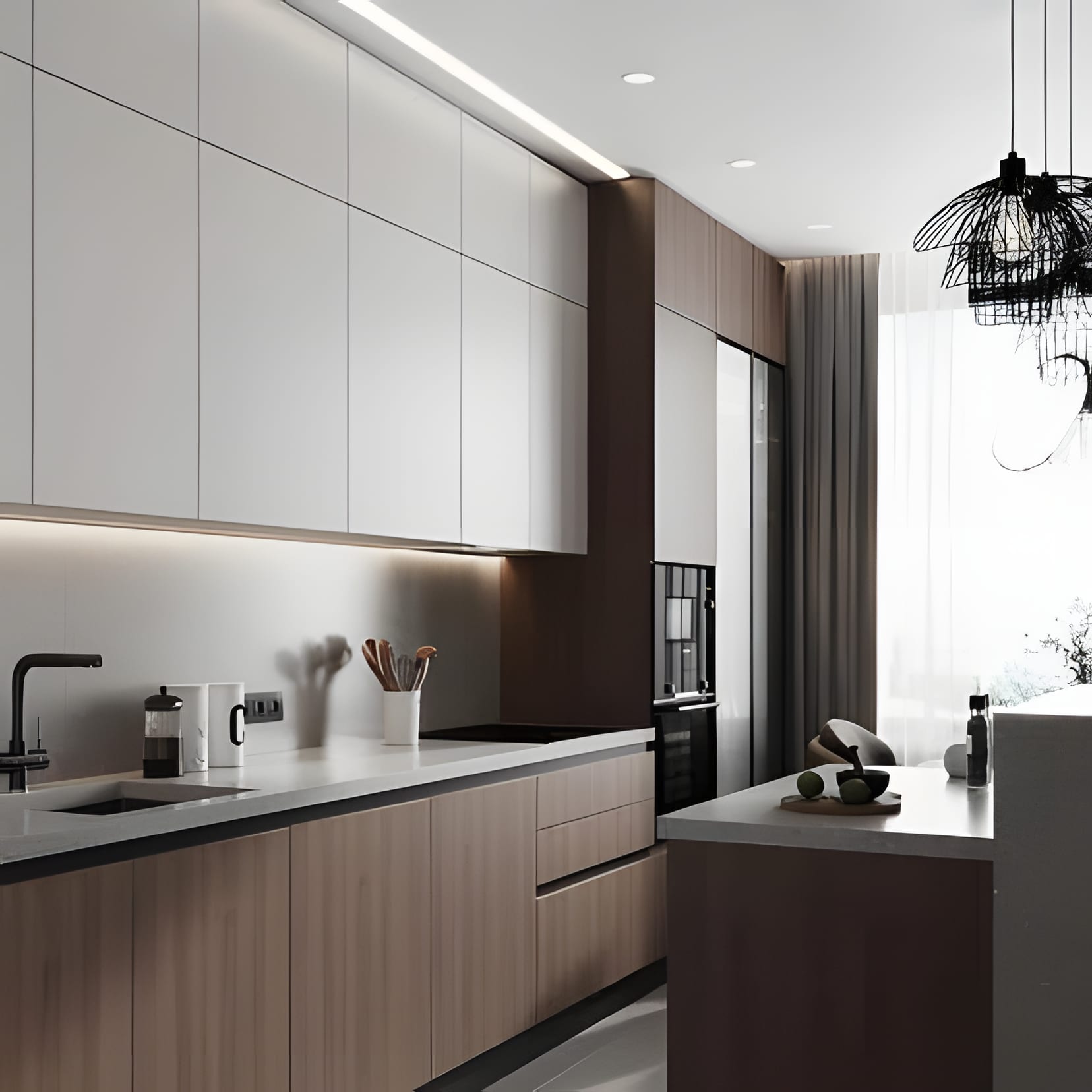 Cream cabinetry with a walnut tall unit and a woven rattan pendant over the counter.