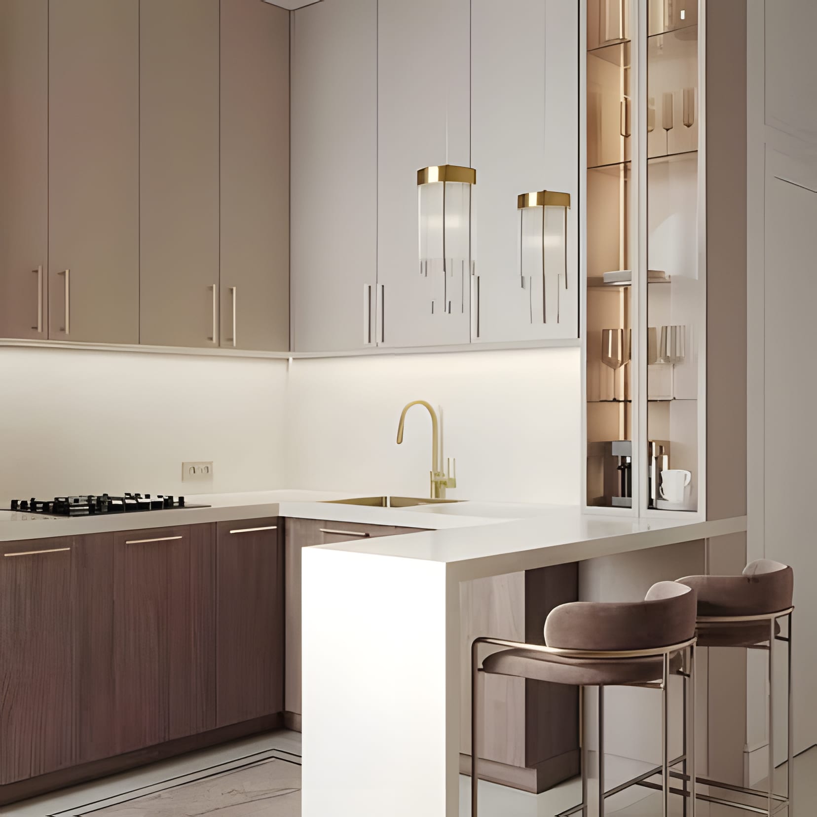 A cream kitchen with brass taps and pendants, a glass display cabinet, and a peninsula with plush stools.
