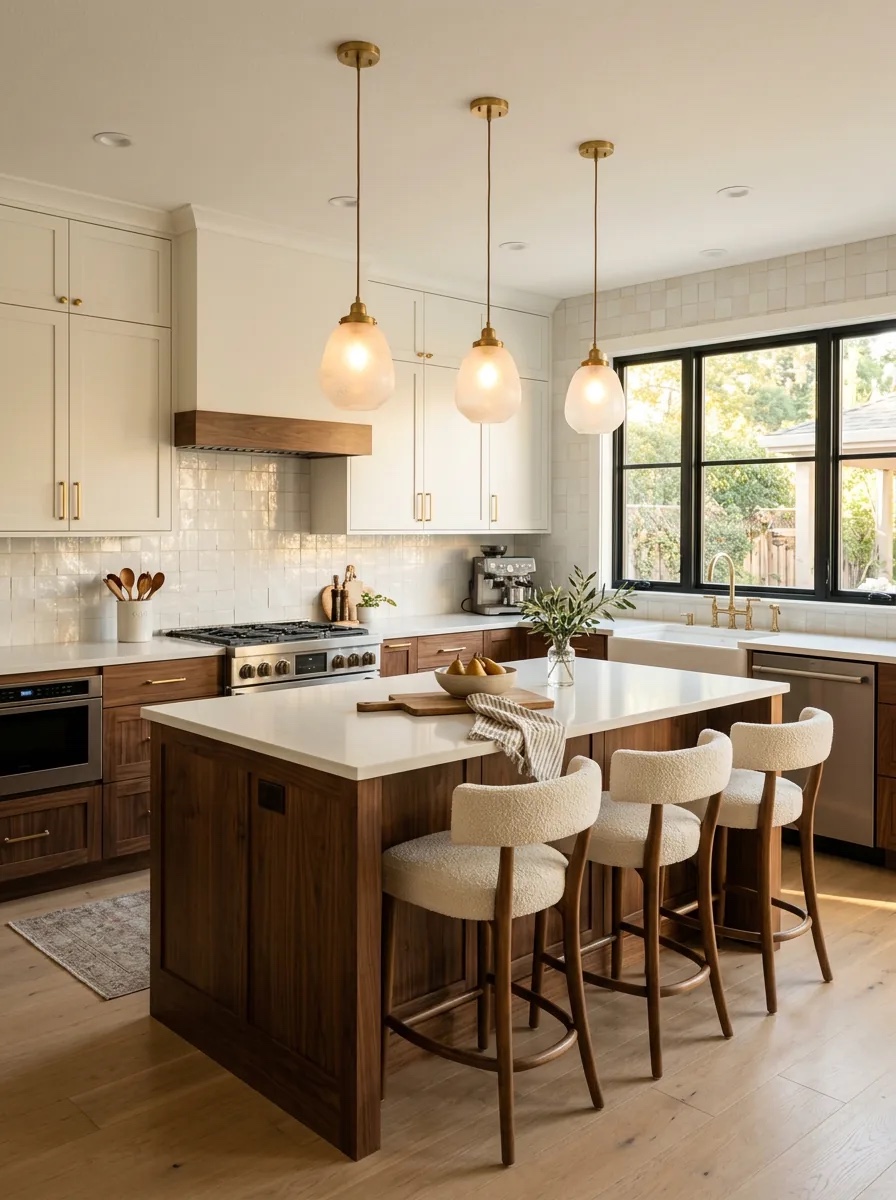 Cream Shaker cabinets and a walnut island glow beneath three opal pendants, with brass fittings and bouclé counter stools.