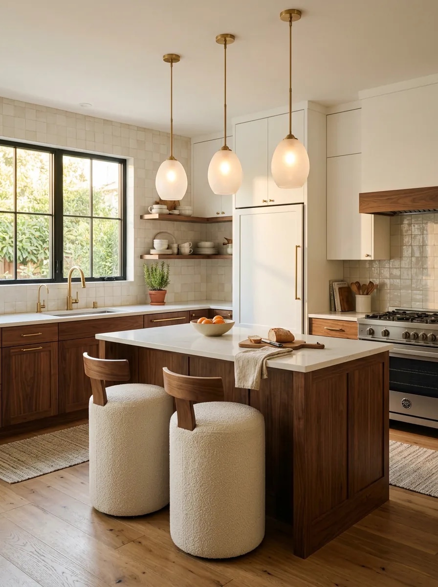 White uppers and walnut lower cabinets surround a compact island with a white stone top, open shelves and bouclé stools.