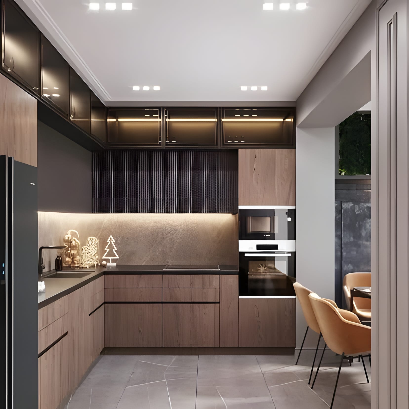 Walnut and grey cabinetry running the length of the room, a marble backsplash glowing under the uppers, dining just beyond.