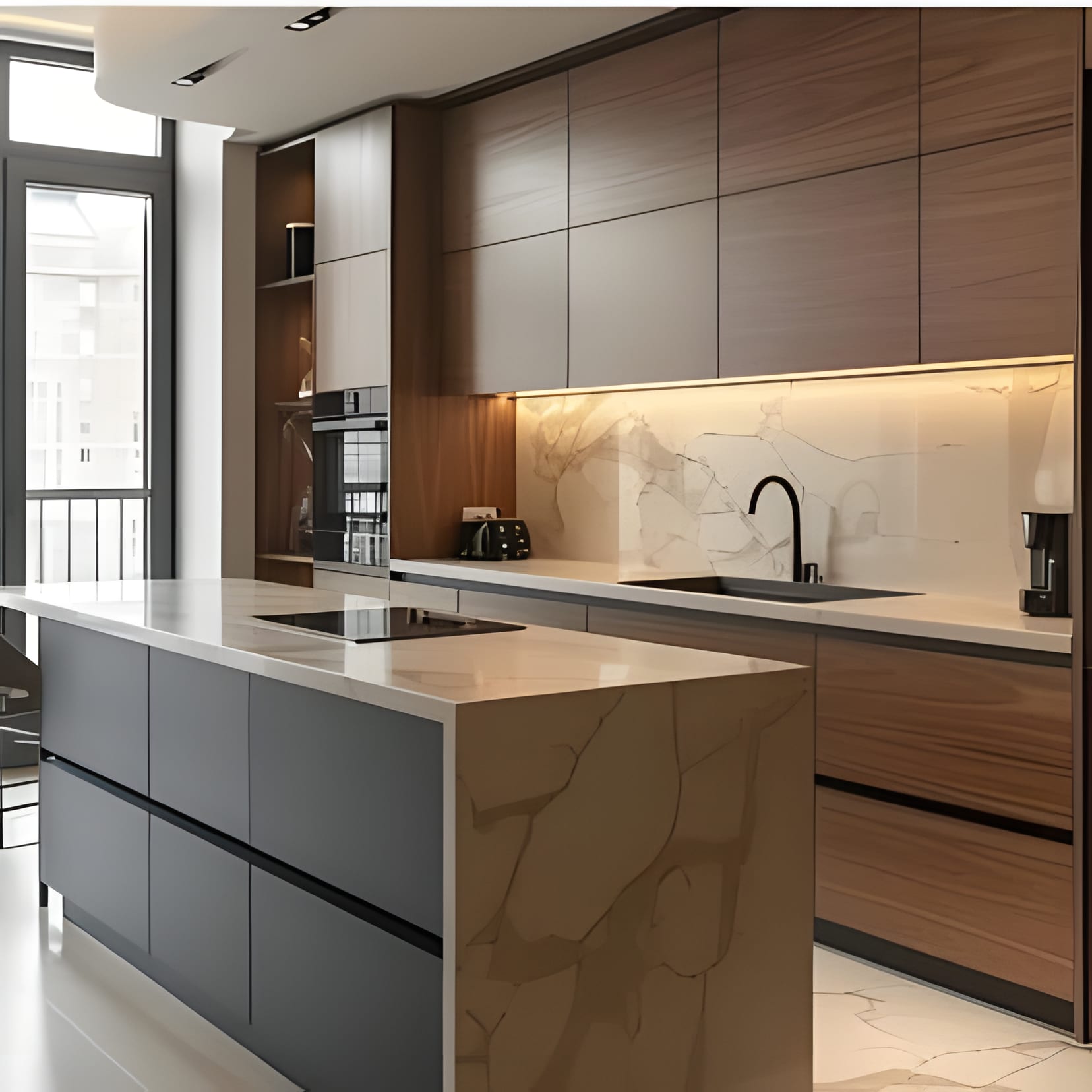 Wood uppers over a sand-toned stone island, its marble slab edge falling like a curtain to the floor.