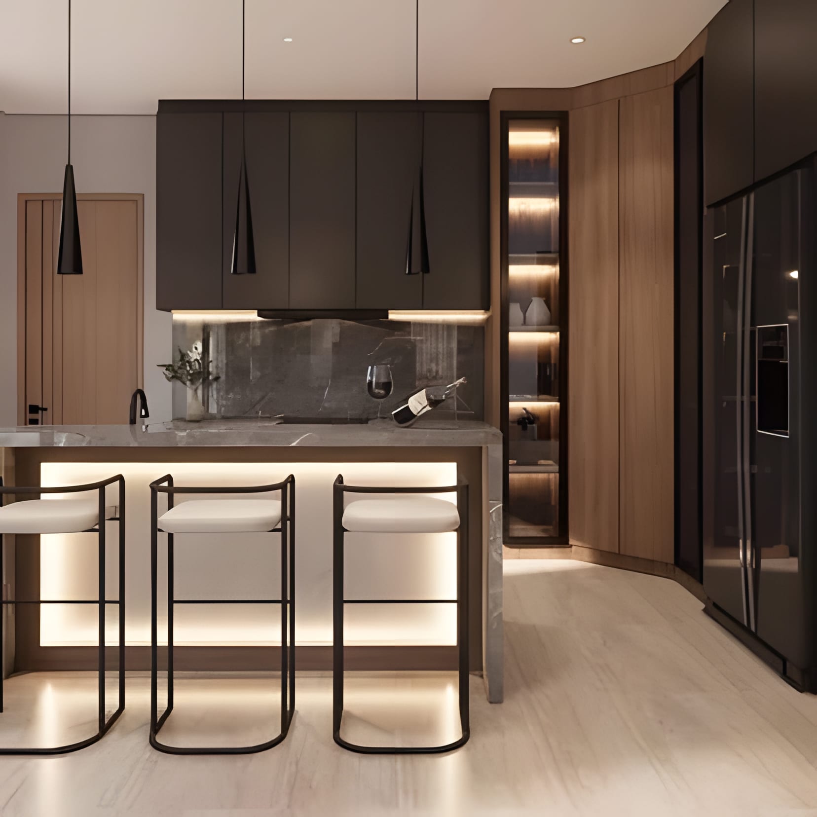 A dark wood bar with backlit stools and an under-lit island base — a kitchen dressed for the evening.