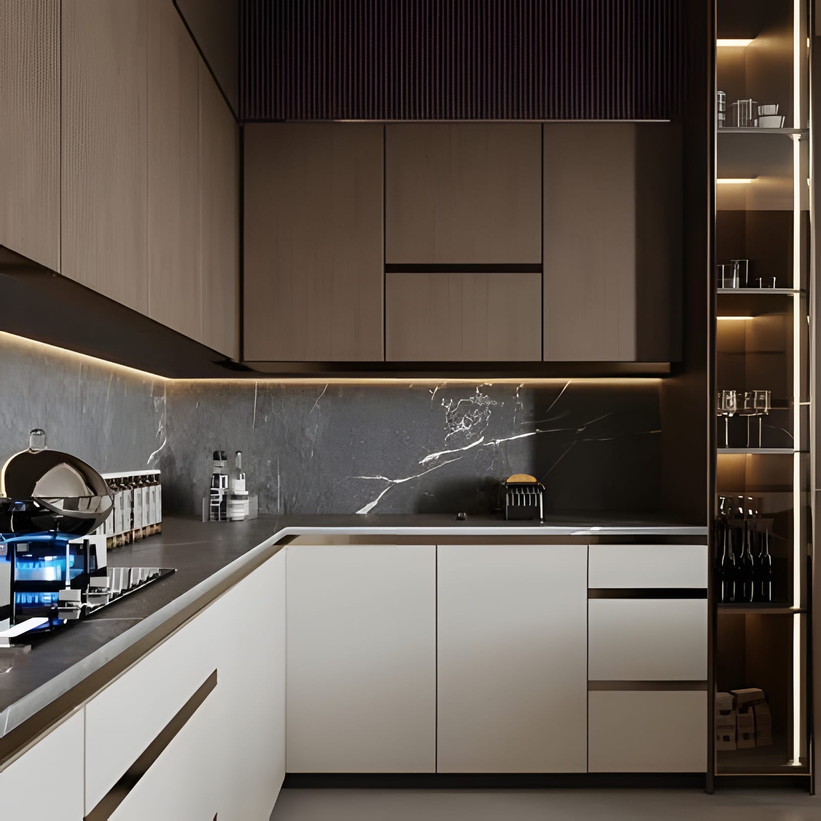 Walnut uppers and a dark marble backsplash beside a lit display case of glassware, white drawers below.
