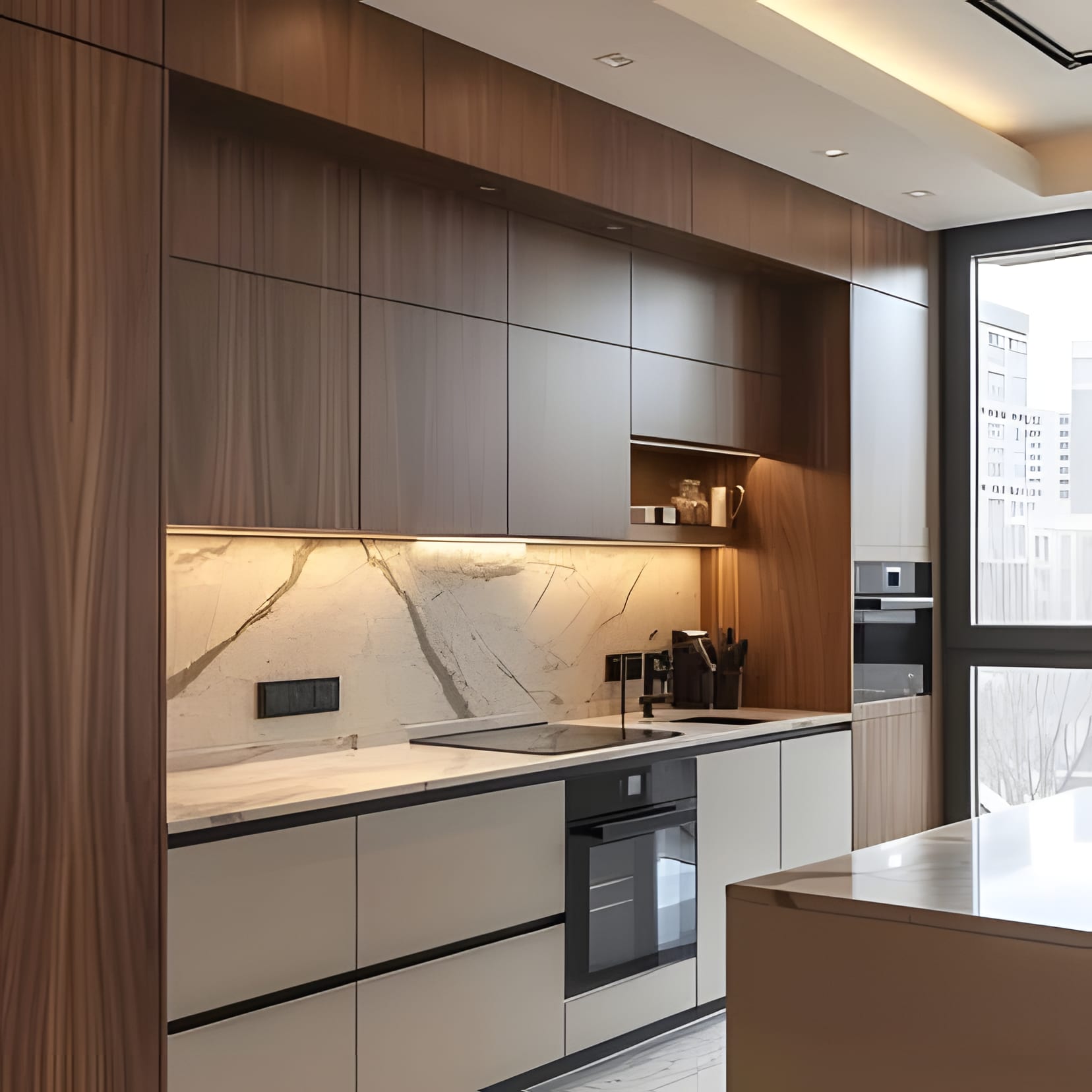 A white kitchen framed in walnut, with a marble splash behind the hob and a pale island in front.