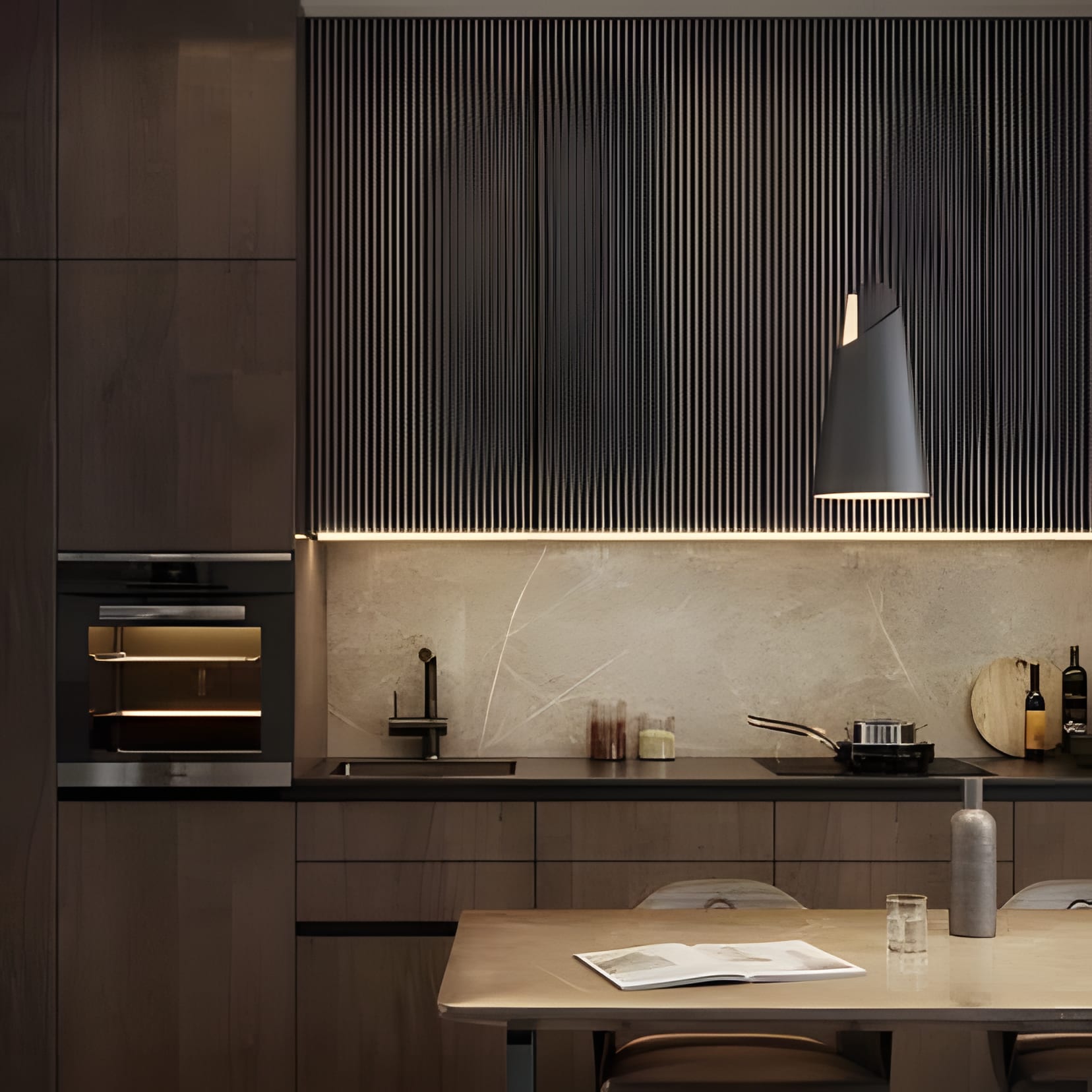 A fluted walnut feature wall with a black cone pendant over a small work table.