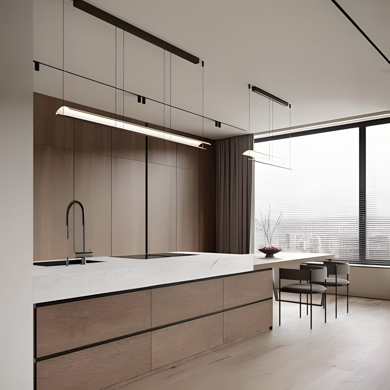 Light oak cabinetry and a long island under a linear pendant, with the city in the window.