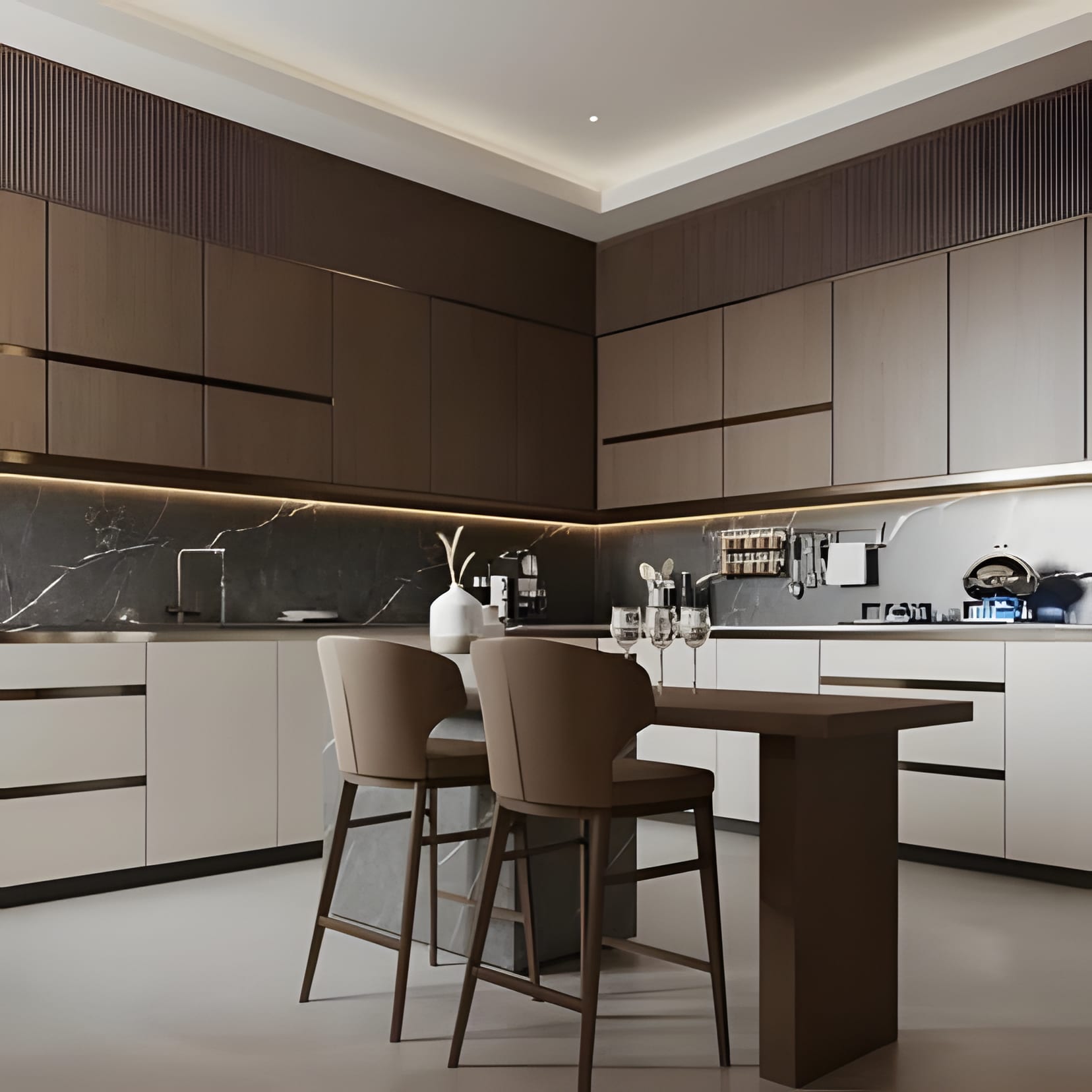 Taupe and walnut cabinetry wrapping into a small peninsula table with upholstered stools.