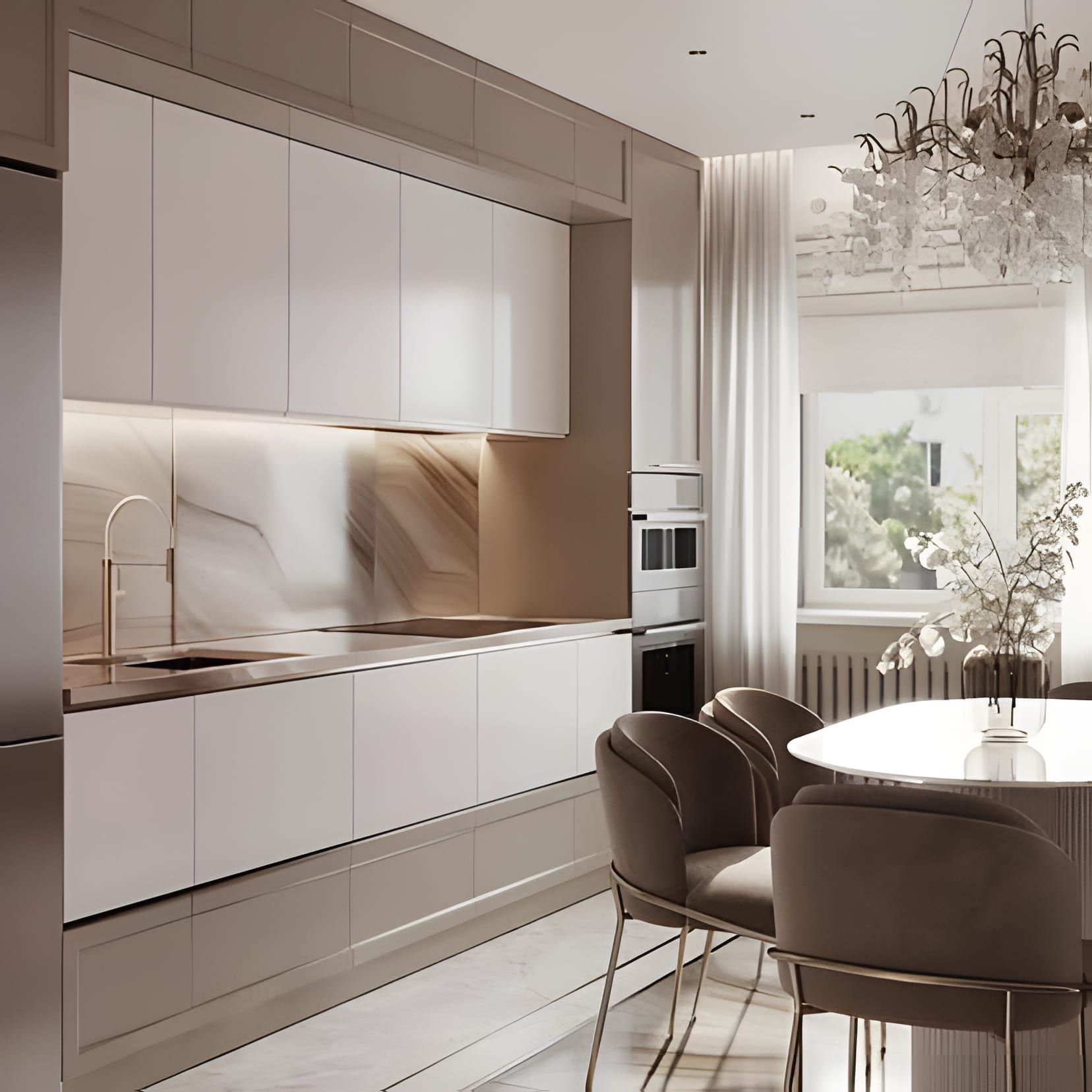 A blush-beige kitchen with a mirror-finish backsplash, round dining table, and a soft chandelier.