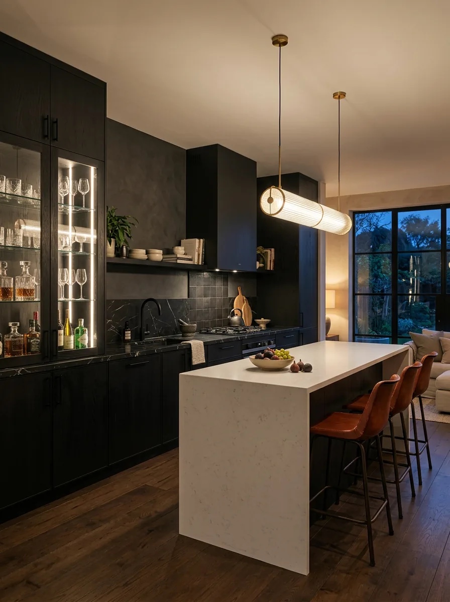 Espresso-toned cabinetry with a lit glass bar frames a white waterfall island, a tubular pendant and rust leather stools.