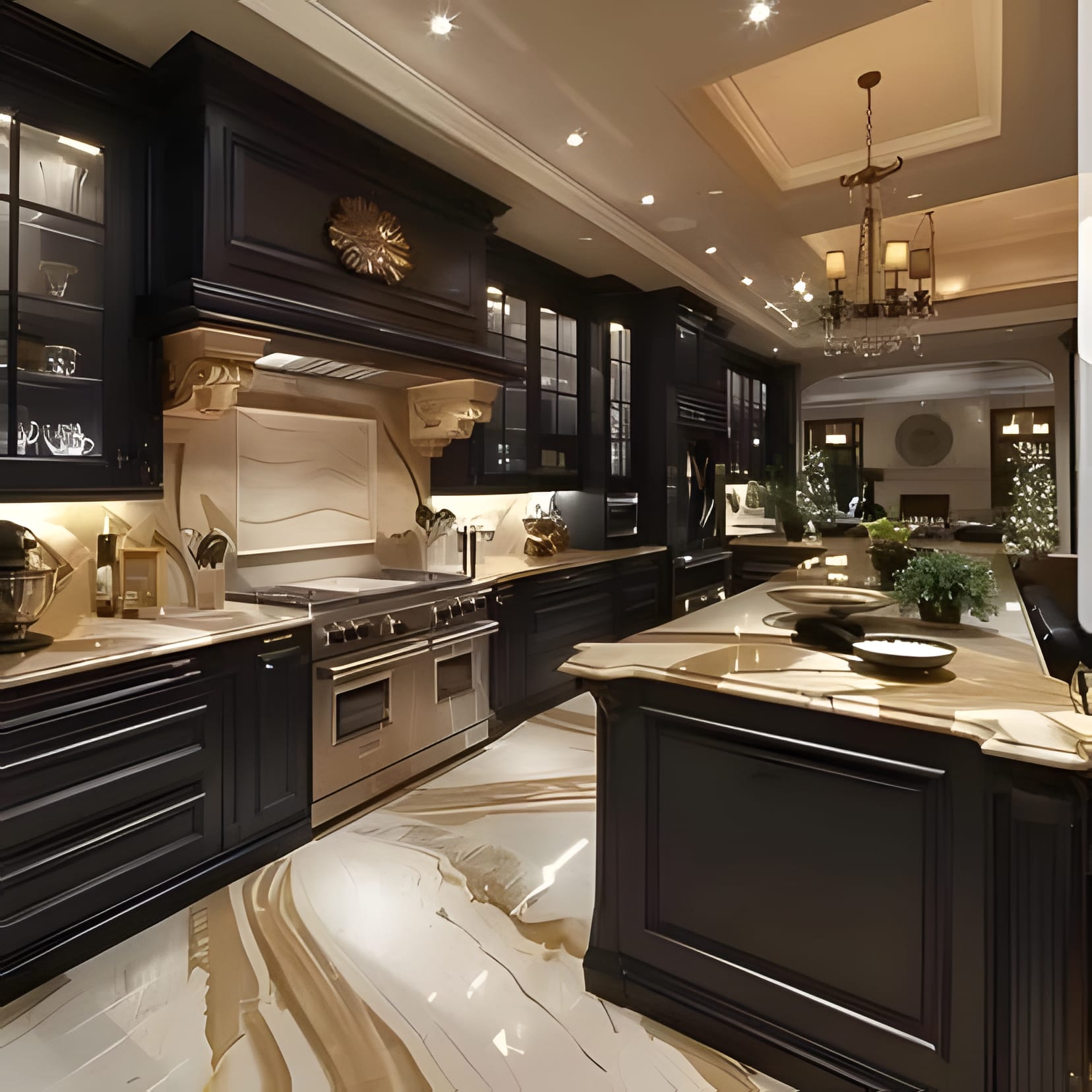 A stately black traditional kitchen with gilt-veined marble counters, glass-front cabinets, and a chandelier overhead.