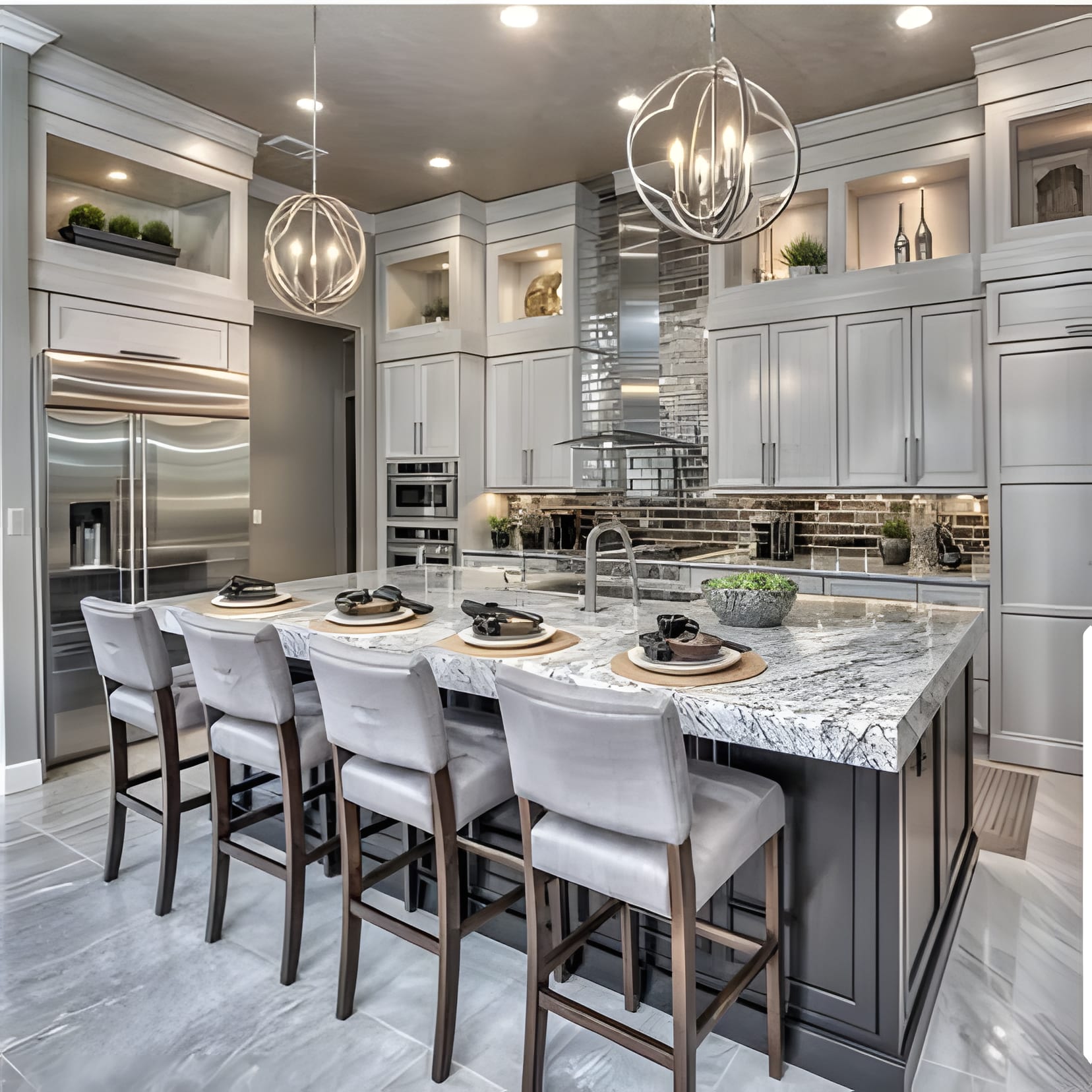 A grand cream kitchen with a granite island, upholstered counter chairs, and lantern pendants in a row.