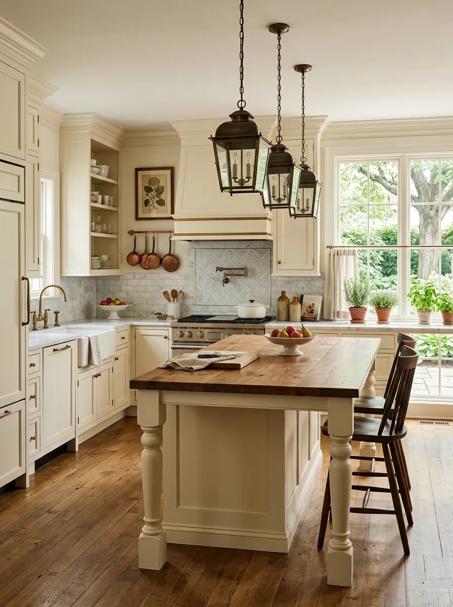 Classic cream cabinetry surrounds a turned-leg oak island, with copper pans and a trio of lantern pendants.