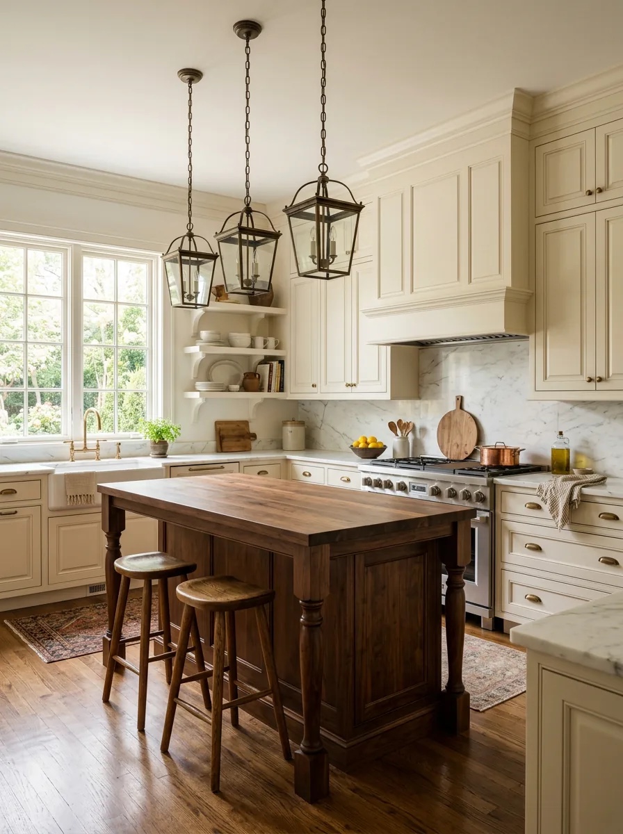 Classic cream cabinetry and marble counters meet a dark walnut butcher-block island beneath three lantern pendants.