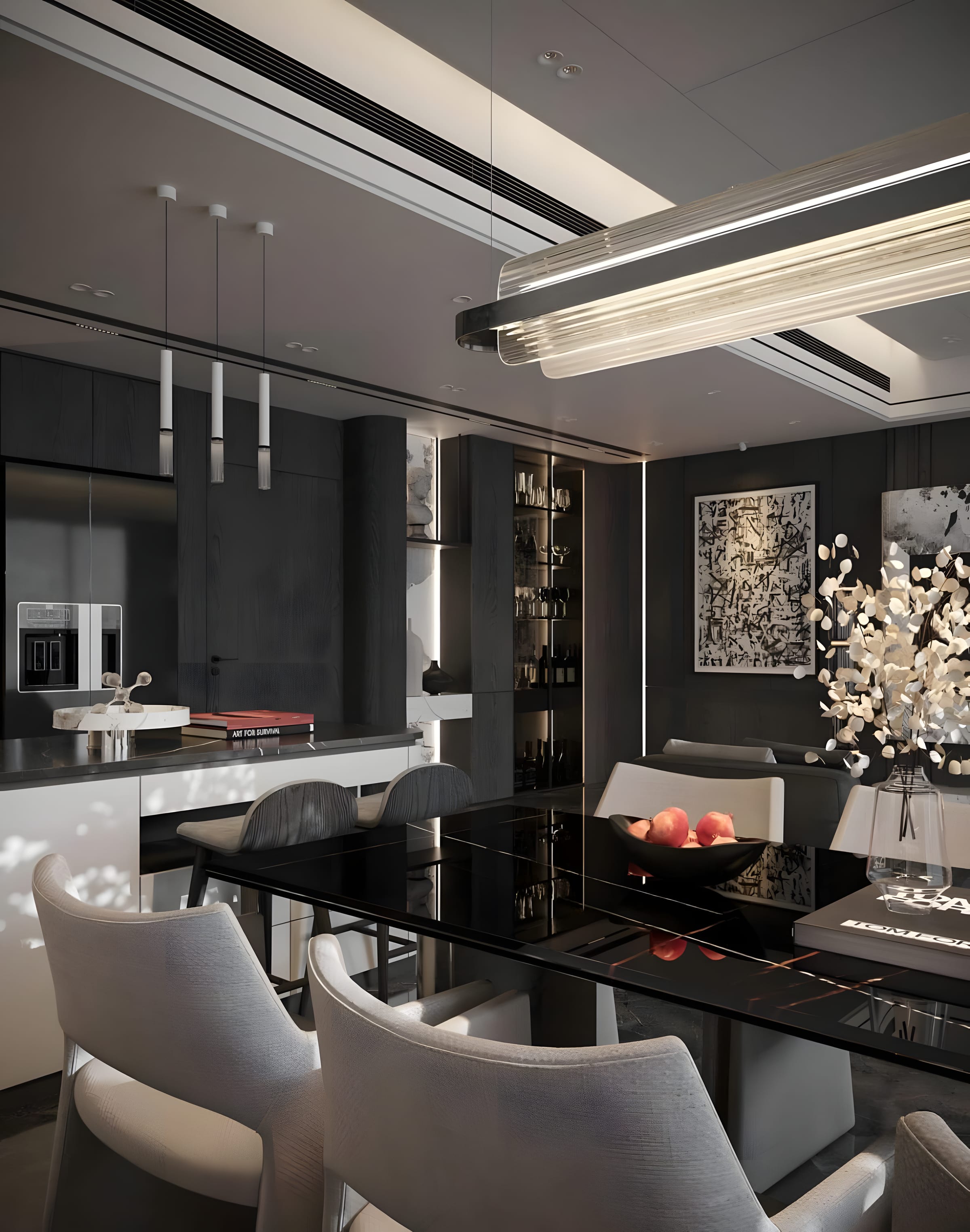 Black-stained oak cabinetry and a glass-front bar cabinet behind a black marble dining table, one long ribbed-glass pendant above.