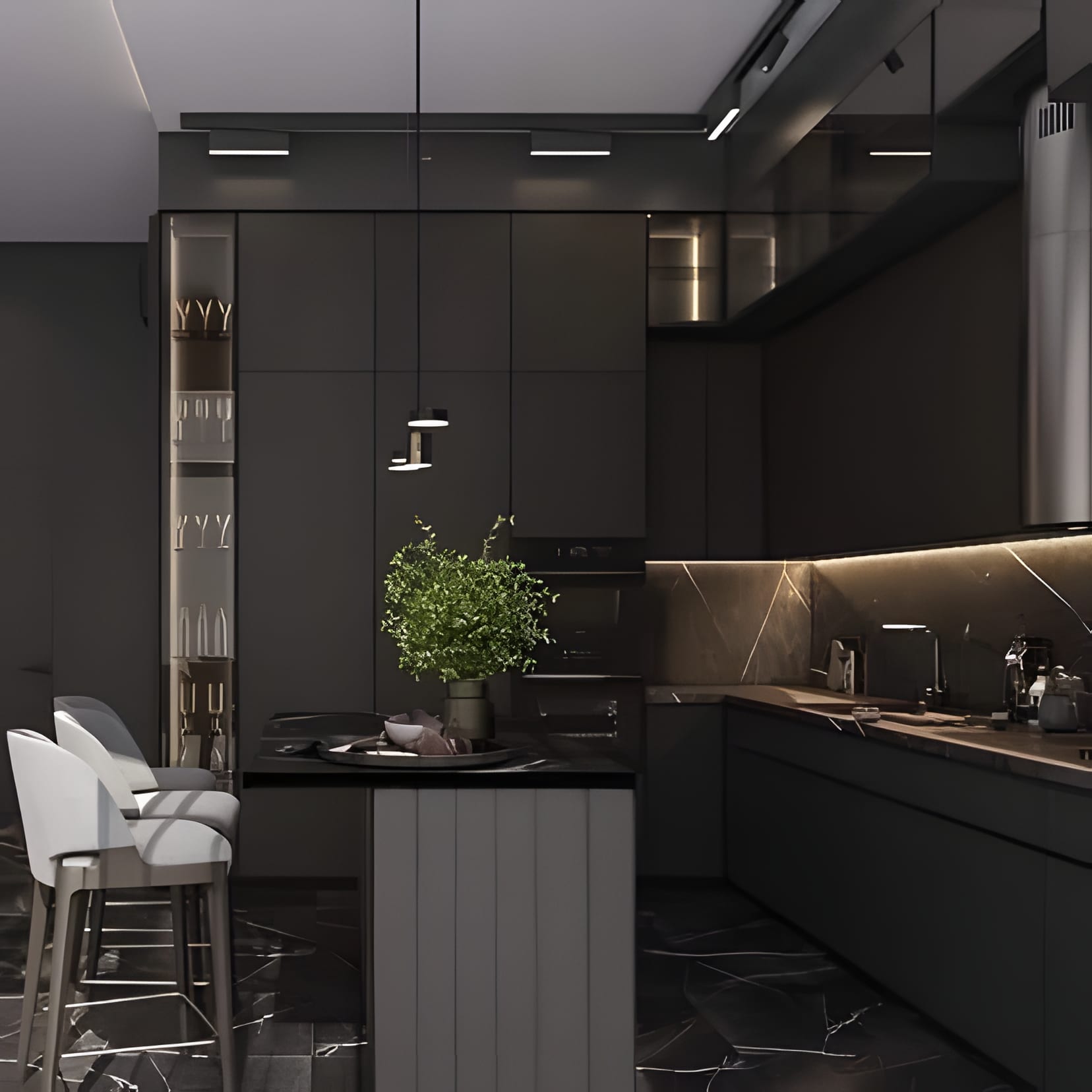 An all-graphite kitchen over black marble floors, greenery on the island the only colour.
