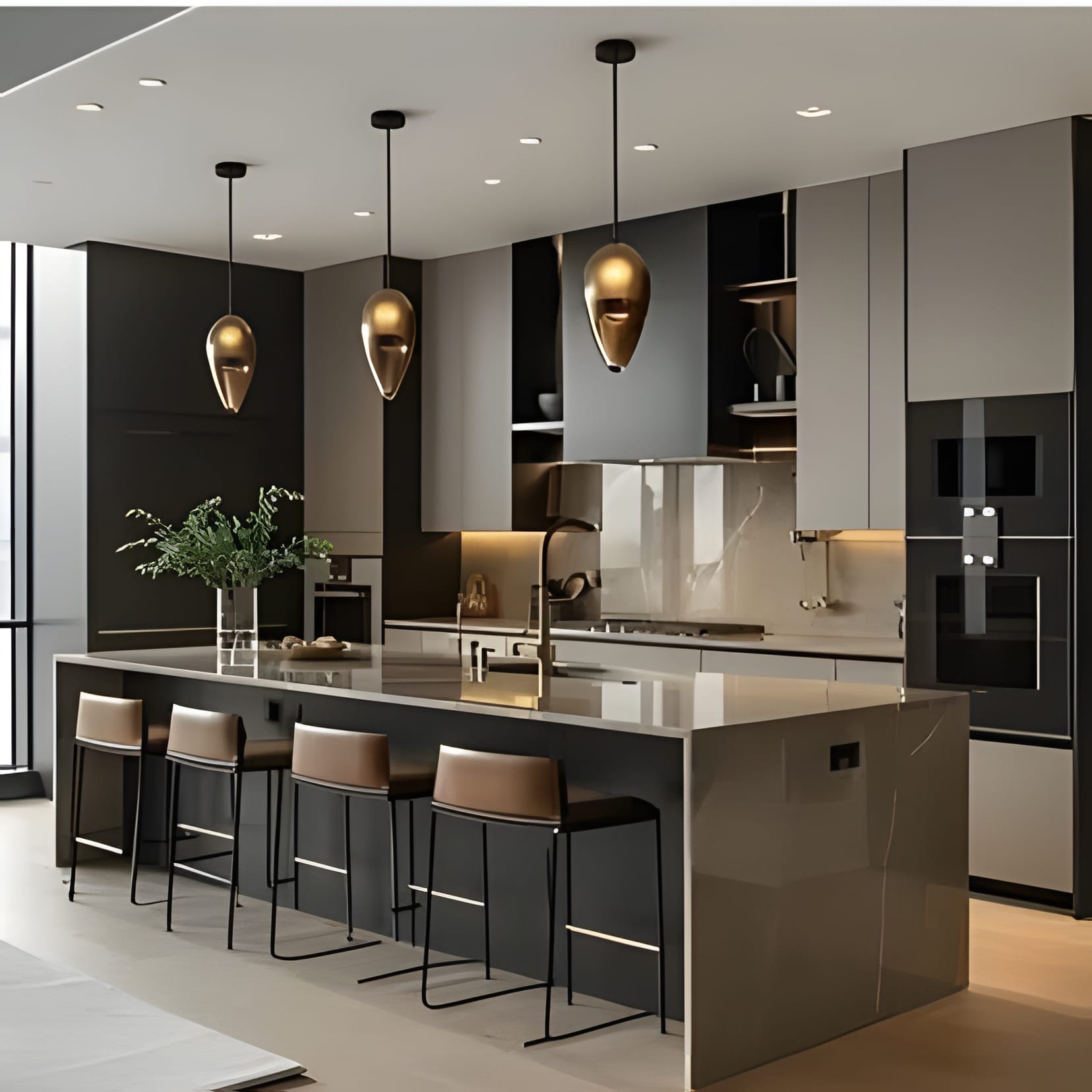 Charcoal cabinetry with a grey island and pale dove stools, warm light in the coves.