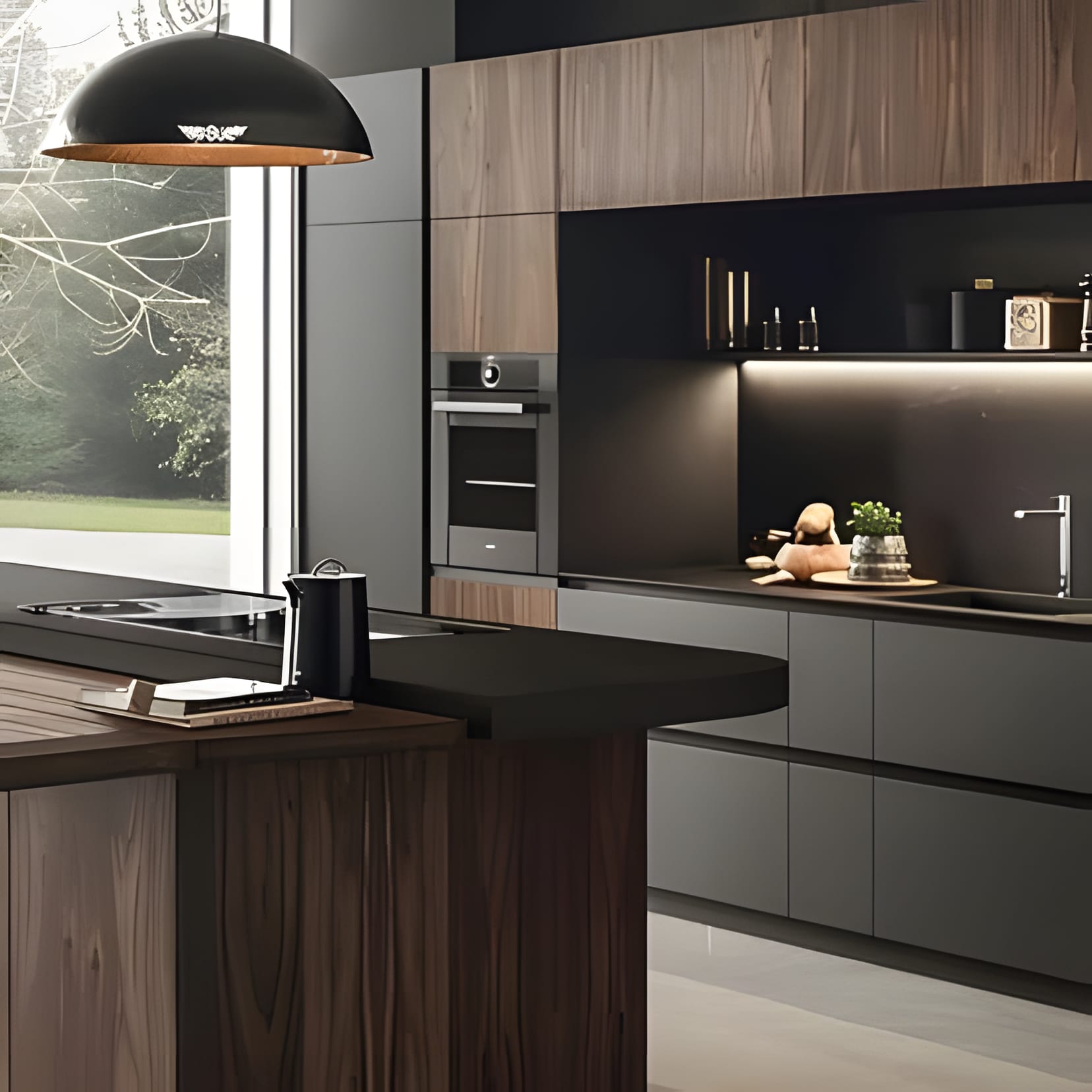 A walnut wall and black island facing a single wide window — the view does the decorating.