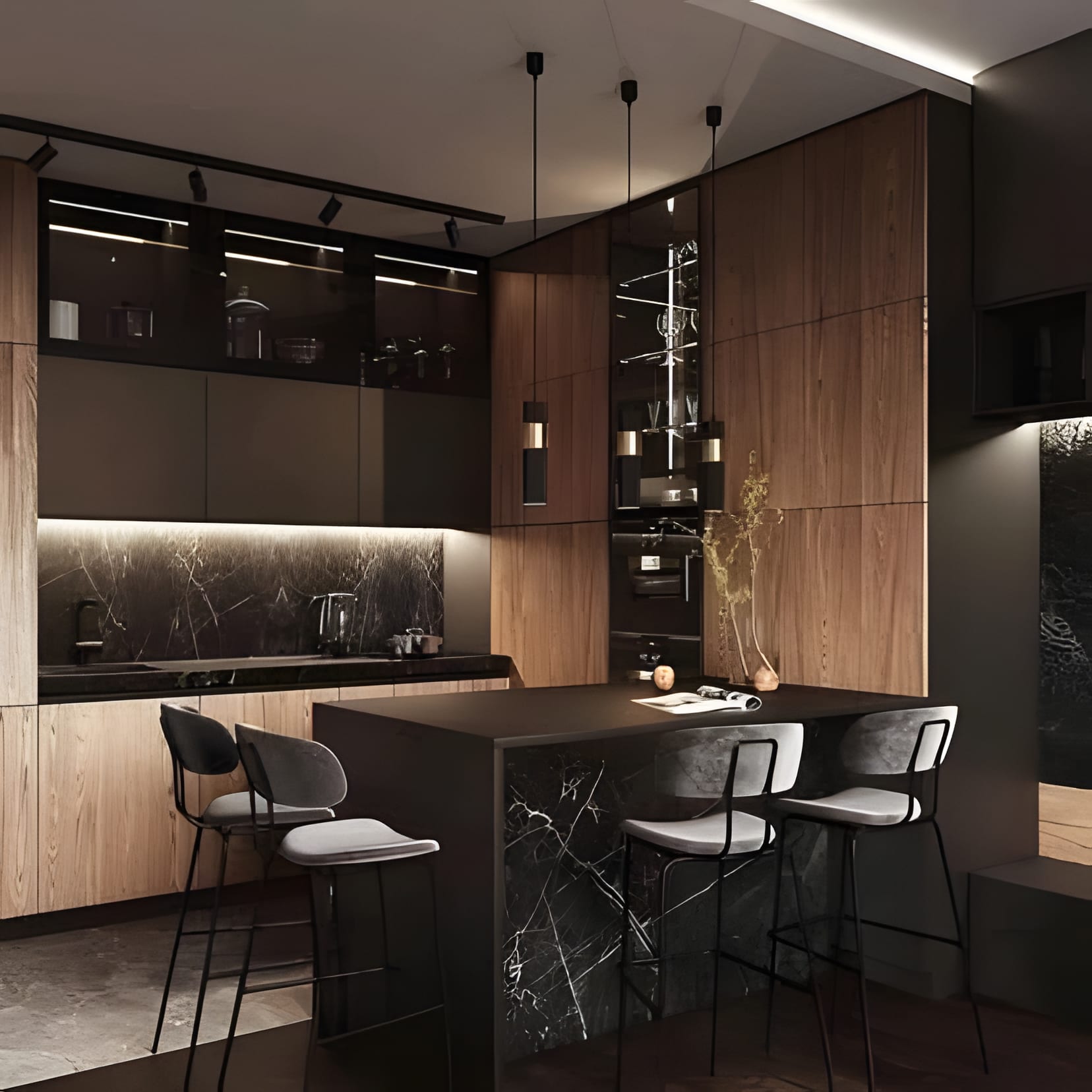 A walnut cabinet wall behind a black marble island with three stools under black pendants.