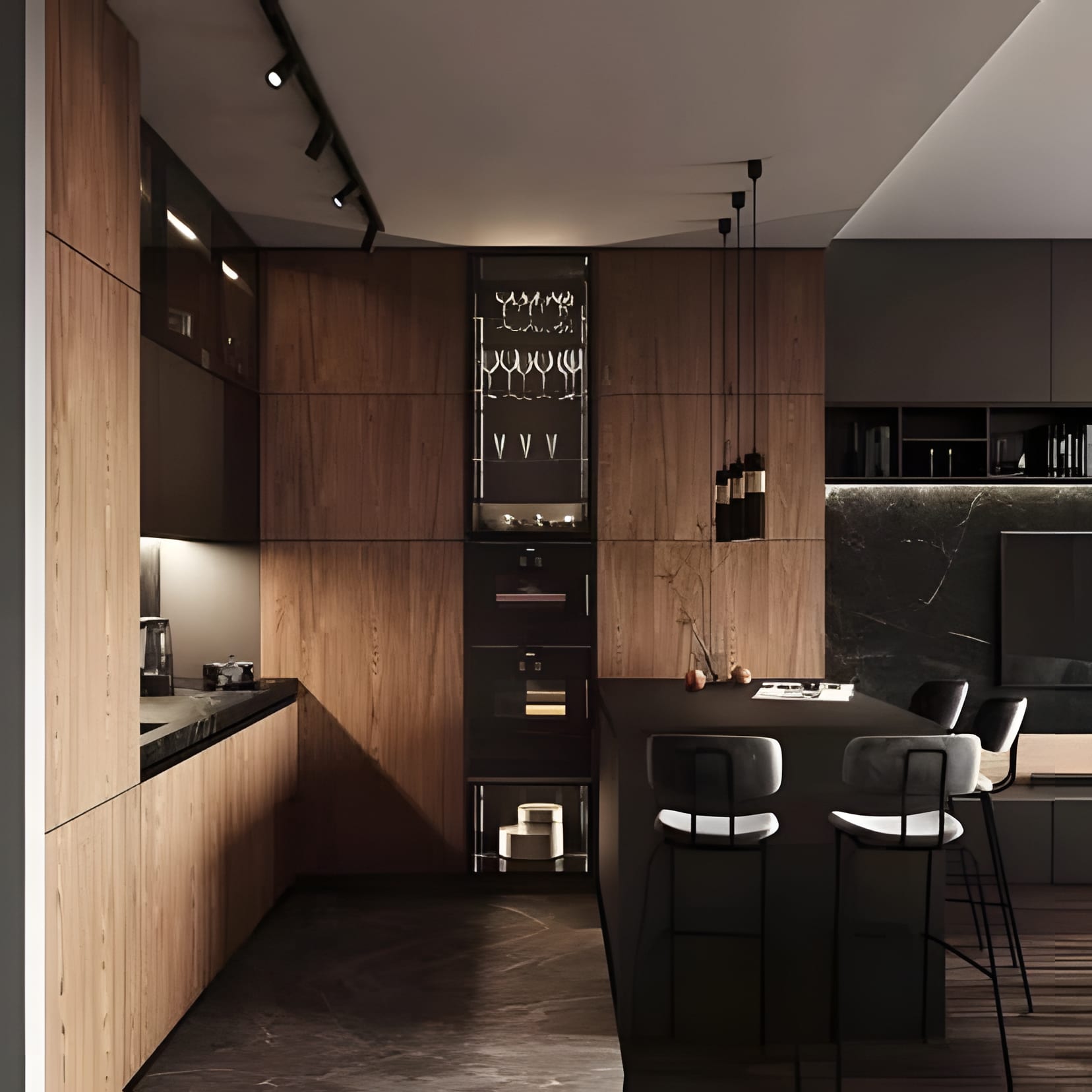 A walnut and black kitchen with a glass wine cabinet built into the wall and a bar counter in front.