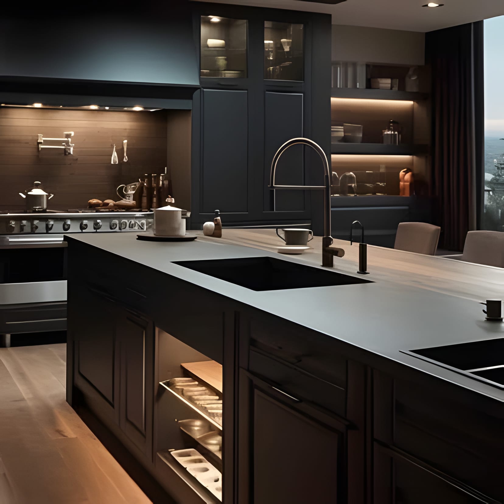 A long black island with lit open shelving below the counter and tall dark cabinetry behind.