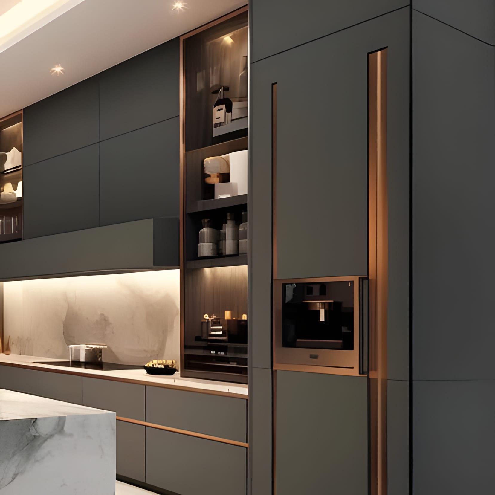 Charcoal tall units opening to a bronze-lined coffee niche, machine ready on the counter.
