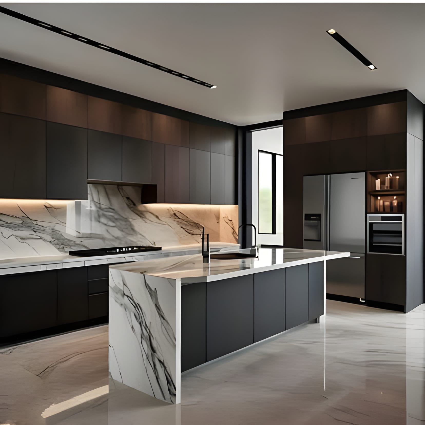 A Calacatta-veined waterfall island glowing against deep taupe cabinetry.