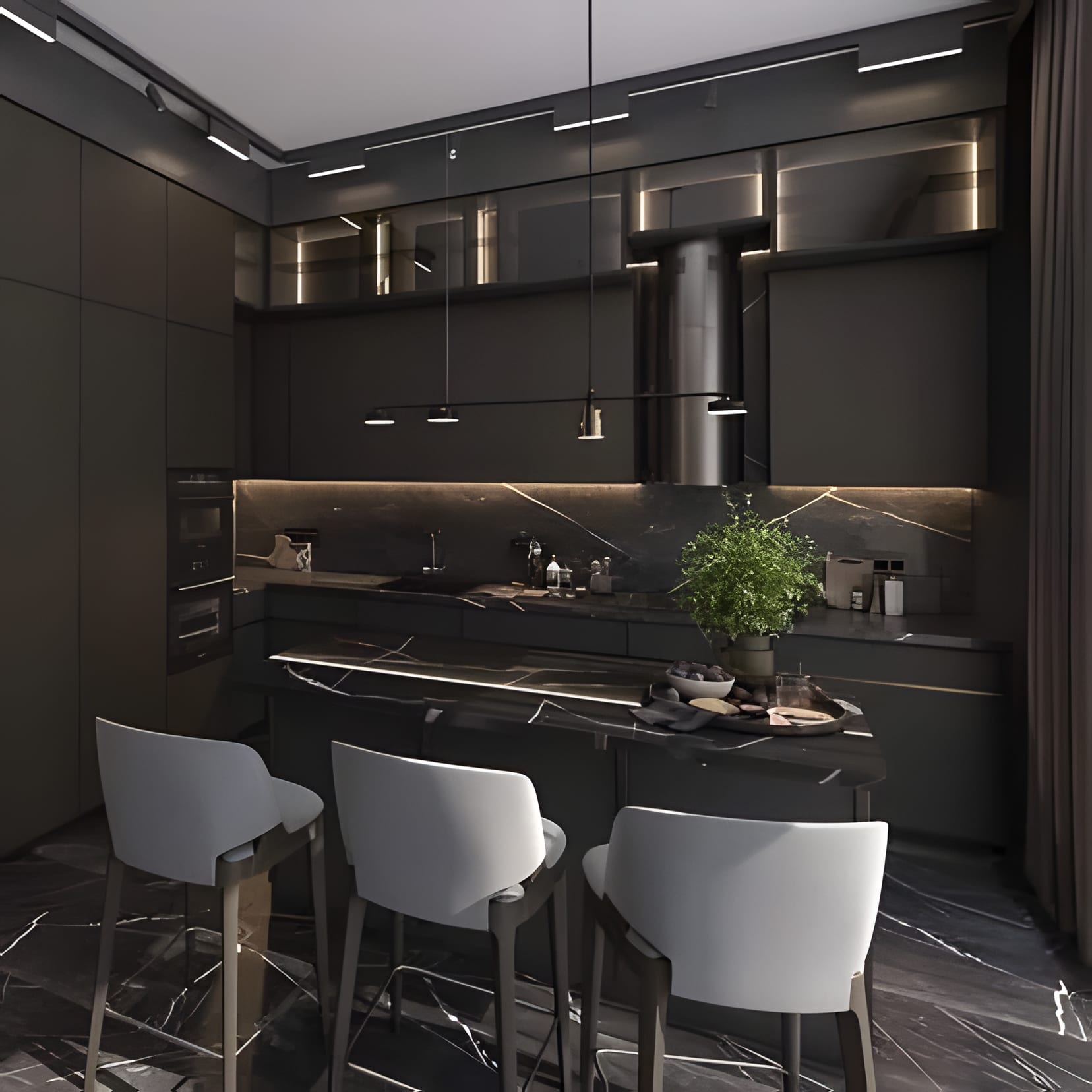 A black marble island and dining table in a dark room, one plant leaning into the light.