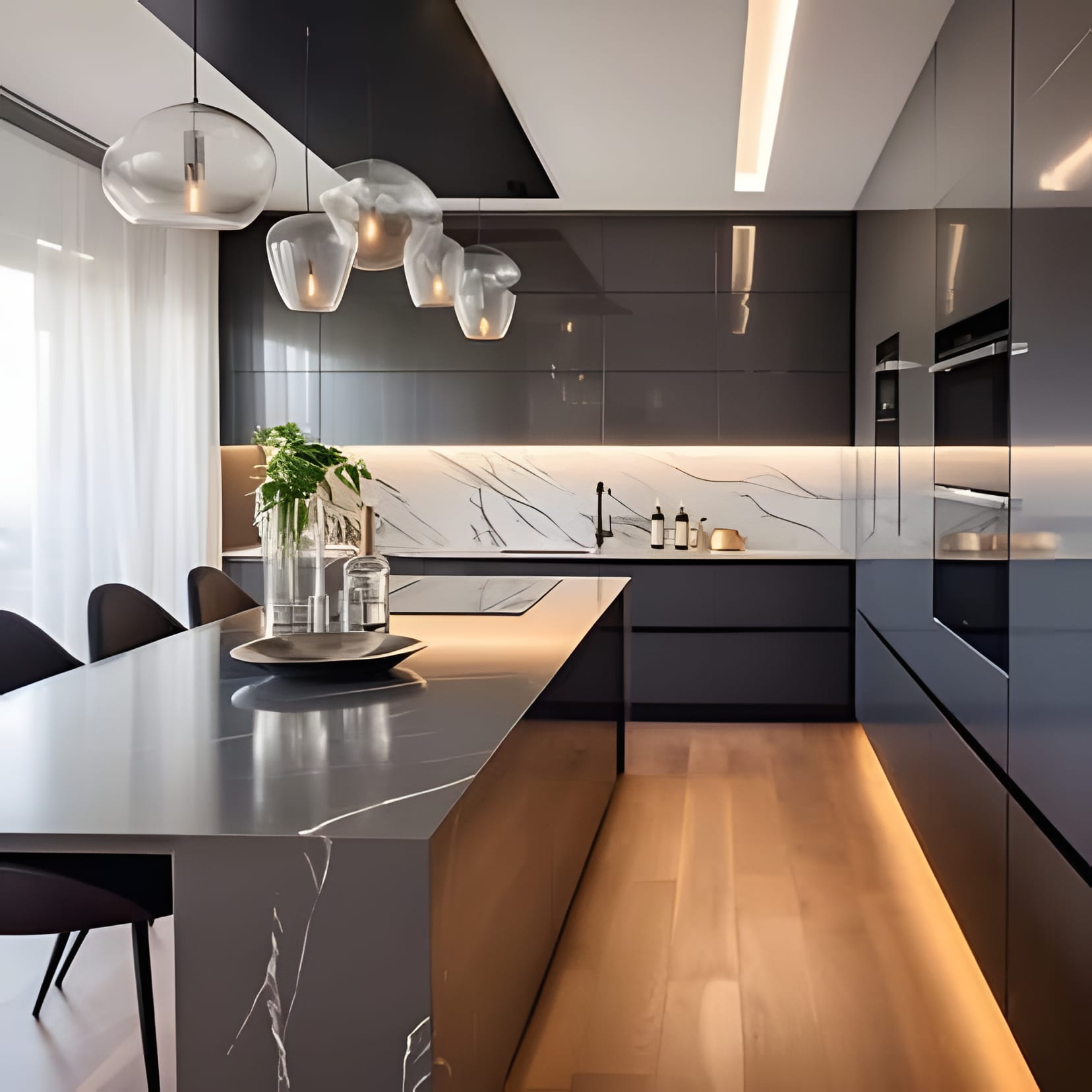 Glossy dark-grey cabinetry with warm LED underlighting, glass pendants, and a lit wood display shelf.