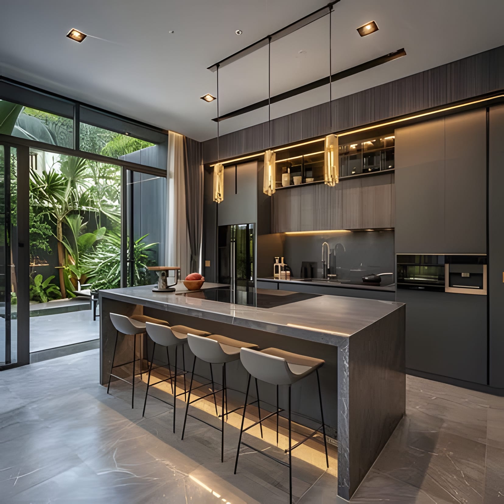 A charcoal island with wood bar seating, glass doors open to the garden beyond.