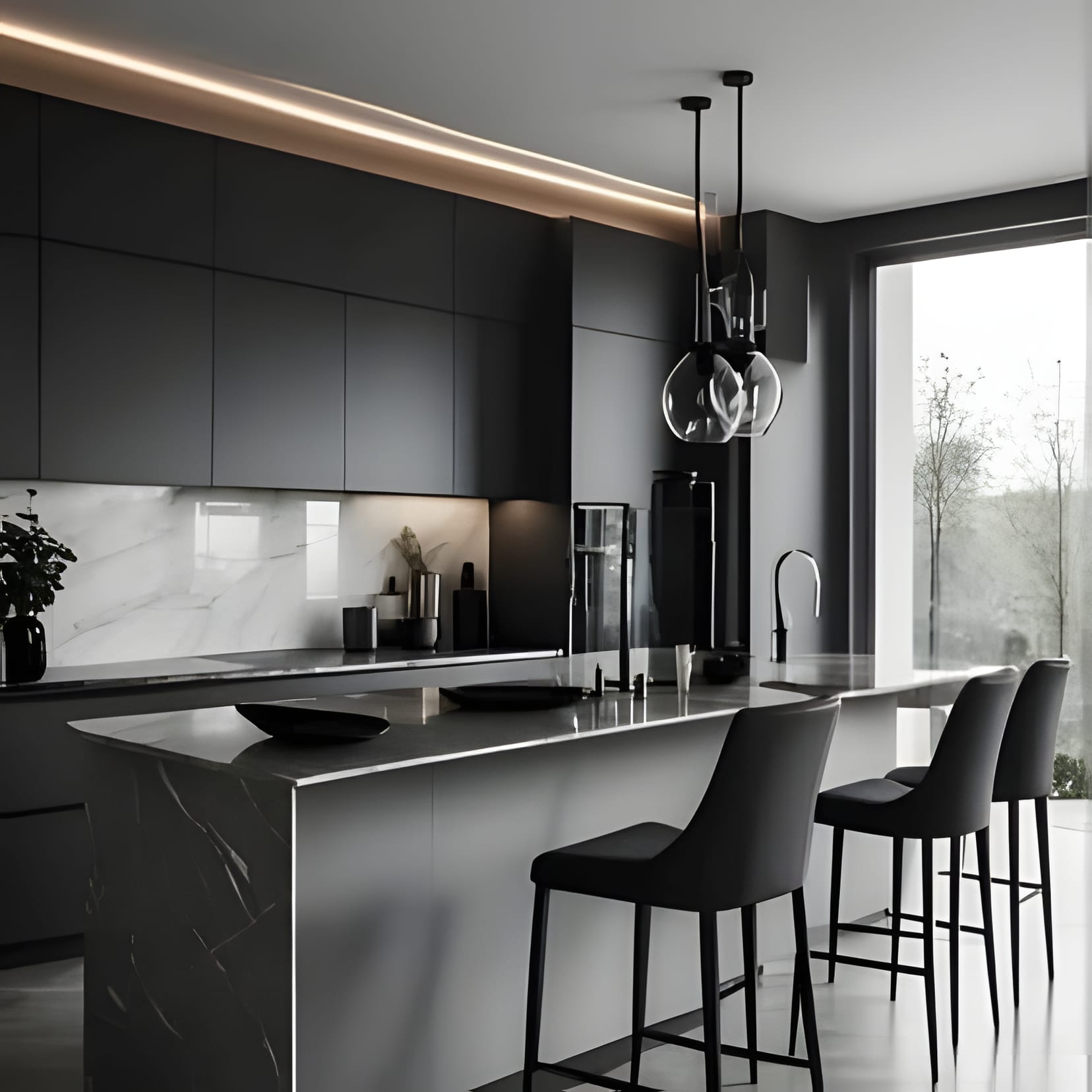 Soft grey cabinetry with a dark marble backsplash and an island bar with black chairs.