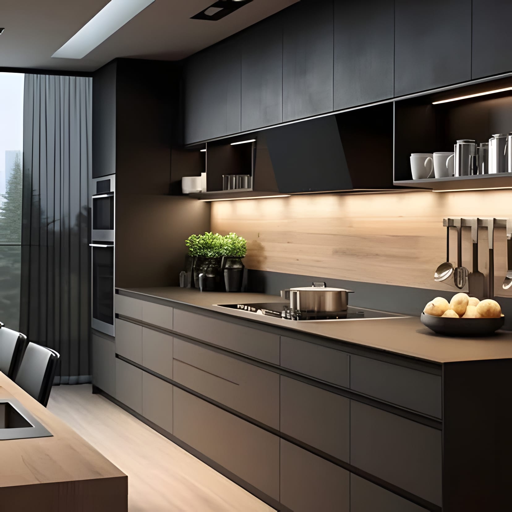 Charcoal cabinetry with a lit wood-panel backsplash and a bowl of fruit on the counter.