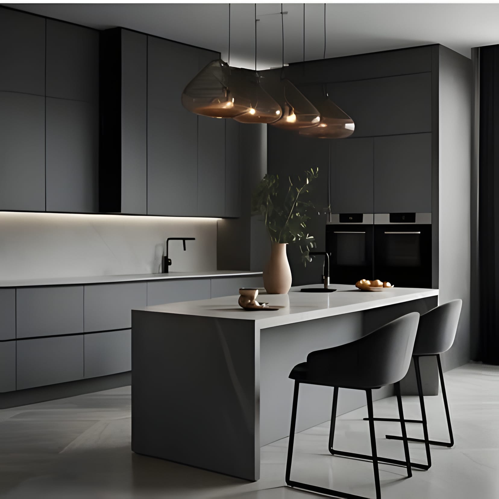 A grey kitchen with a work island, black stools, and a cluster of brass pendants overhead.