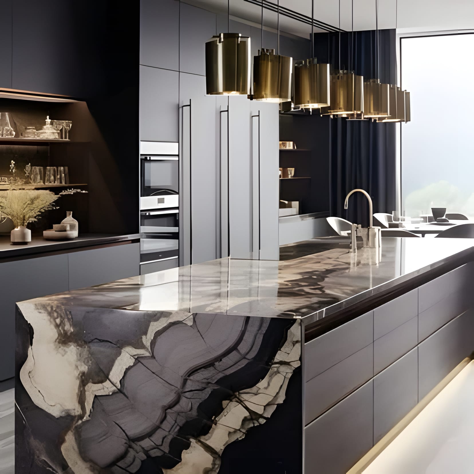 A wildly veined black-and-gold marble island pouring over its edges — the whole kitchen built around one stone.