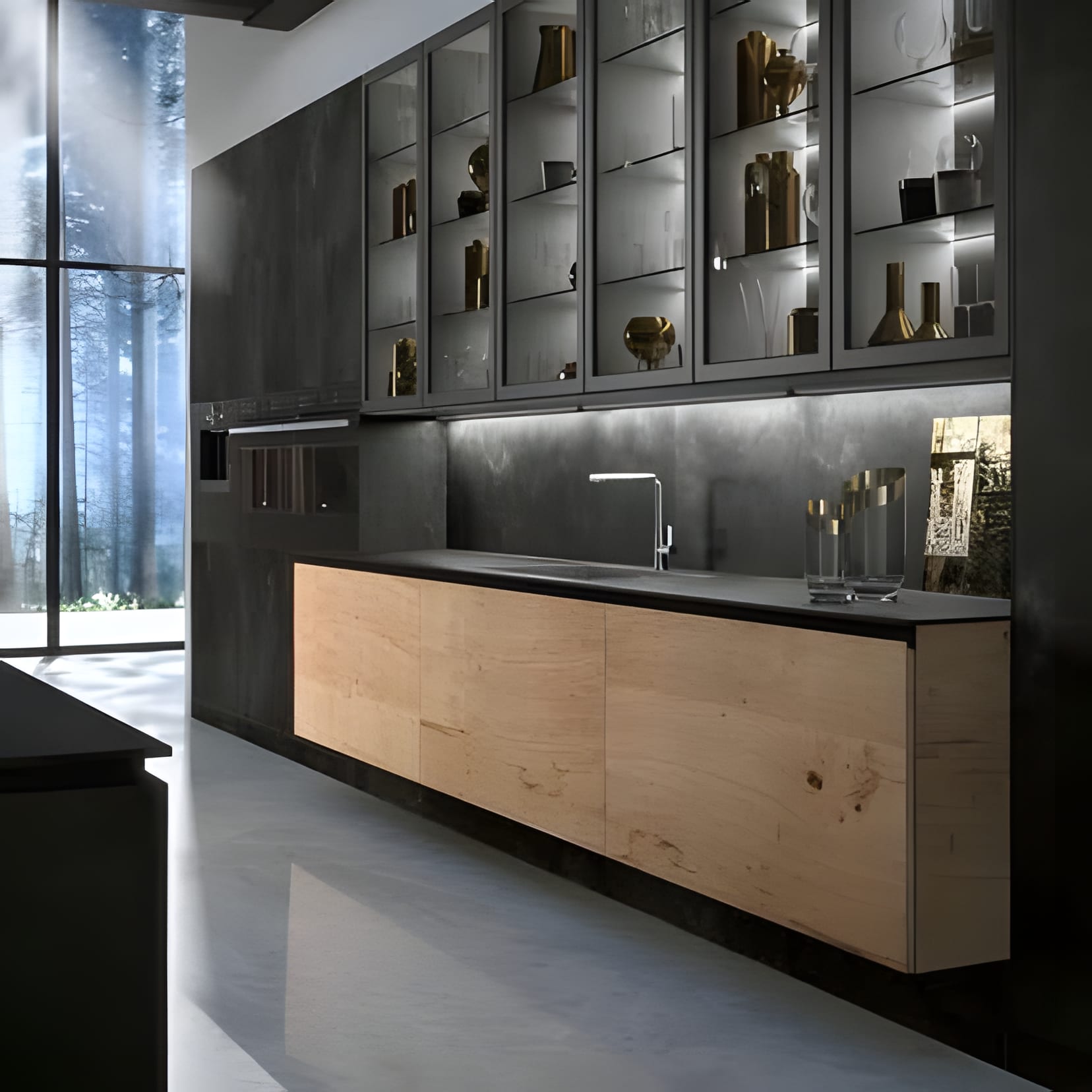 Glass display uppers stocked and lit, a floating wood cabinet below — more cocktail bar than kitchen.